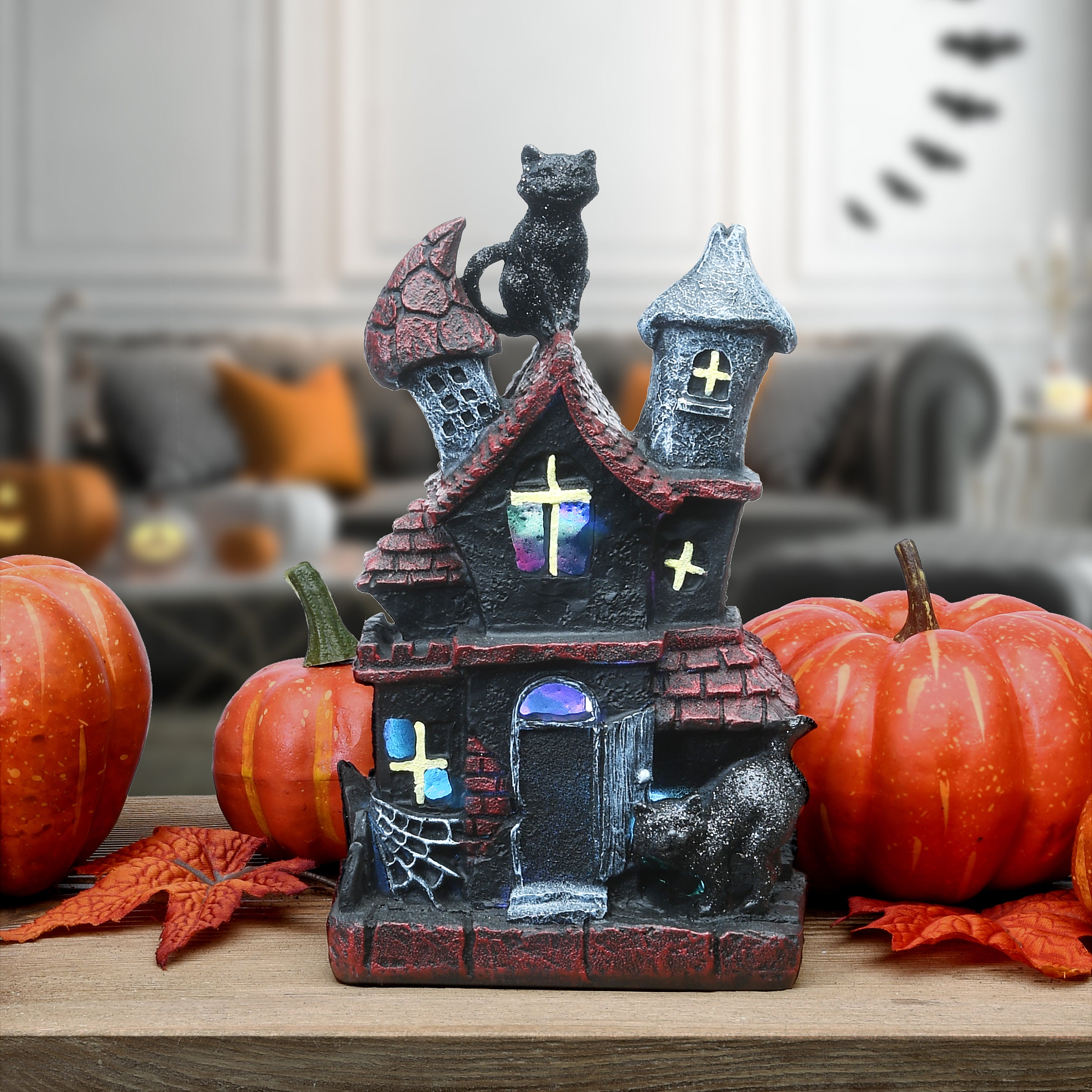 7 Inch Pre-Lit Black Haunted House Halloween Decoration with LED Lights - Spooky Indoor/Outdoor Decor for Halloween Party, Yard & Home