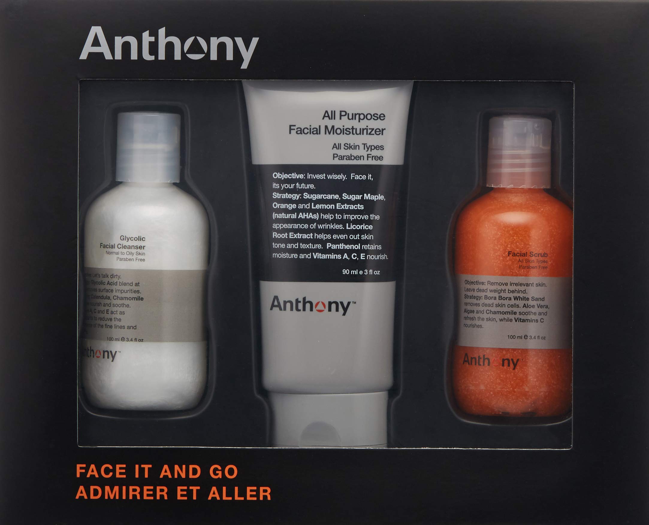 Anthony Face It & Go Kit - Glycolic Facial Cleanser, All Purpose Moisturizer & Exfoliating Scrub (3-Piece Skincare Set) | Daily Face Wash, Hydration & Gentle Exfoliation for Men & Women | Perfect for Travel, Gym & On-The-Go Skincare Routine