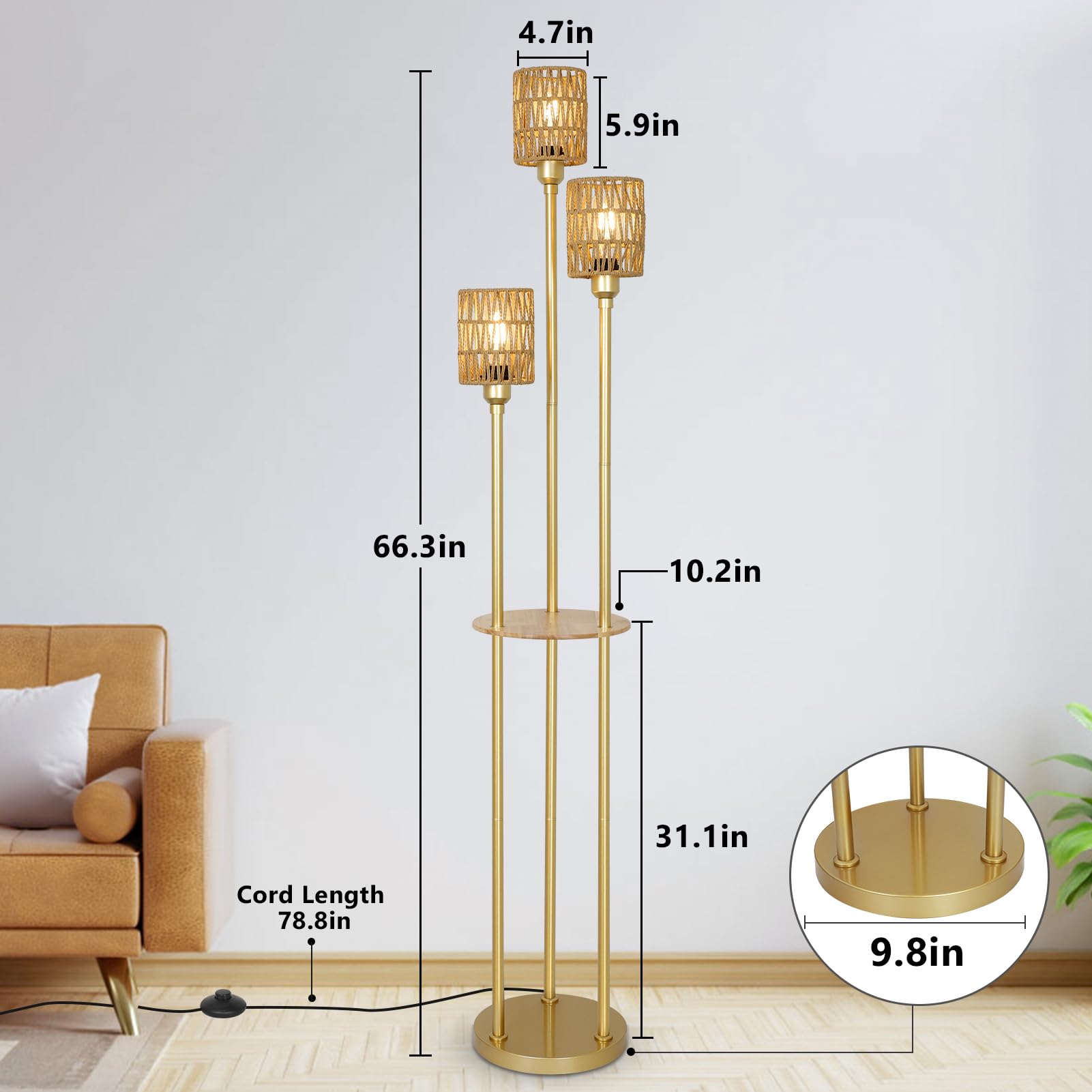 Boho 3-Light Farmhouse Floor Lamp with Shelves & Rattan Shades - Gold Modern Standing Lamp with Foot Switch for Living Room, Bedroom, Office - Perfect for Reading Nook, Cozy Corner & Home Decor