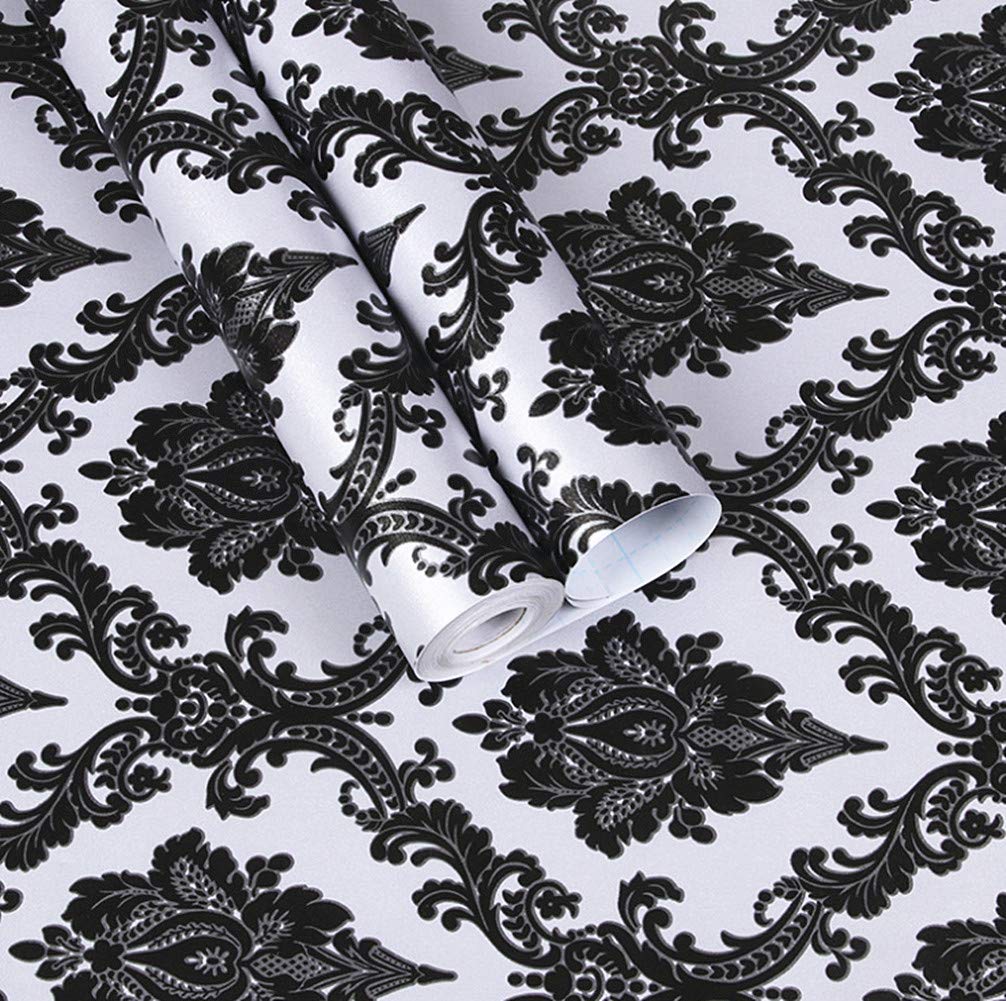 Amao Black Damask Peel and Stick Wallpaper - Self-Adhesive Removable Wallpaper for Table, Dresser, Furniture Decor (17.7''x79'') - Perfect for Bedroom, Kitchen, Office & Home Renovation