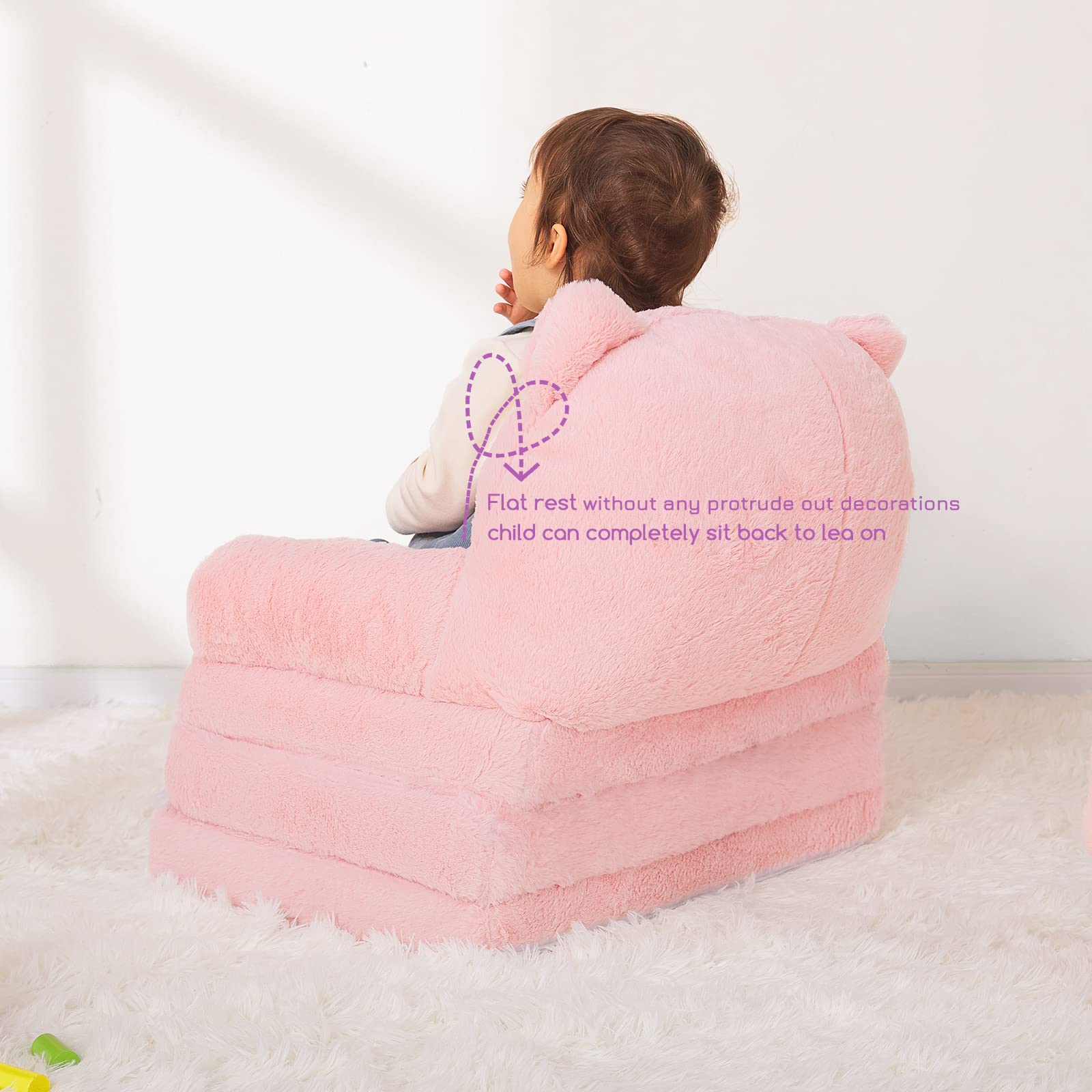 MONKISS 2-in-1 Toddler Couch Chair - Pink Sherpa Kids Sofa for Reading & Play