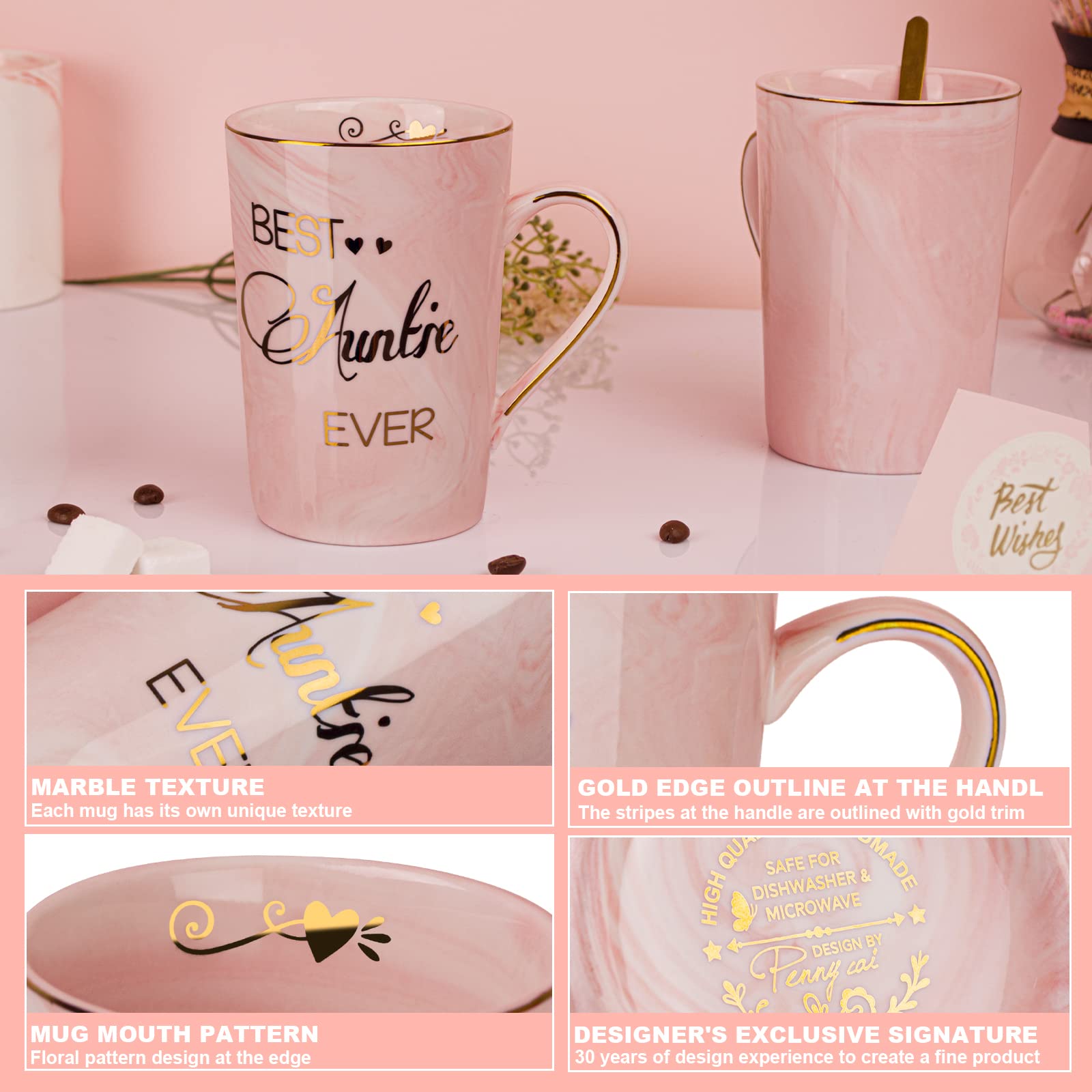 Best Aunt Ever Coffee Mug - 14oz Marble Ceramic Auntie Gift with Gold Print & Pink Design - Perfect Birthday, Christmas Gifts from Niece or Nephew - Ideal for Morning Coffee, Tea Time & Special Occasions