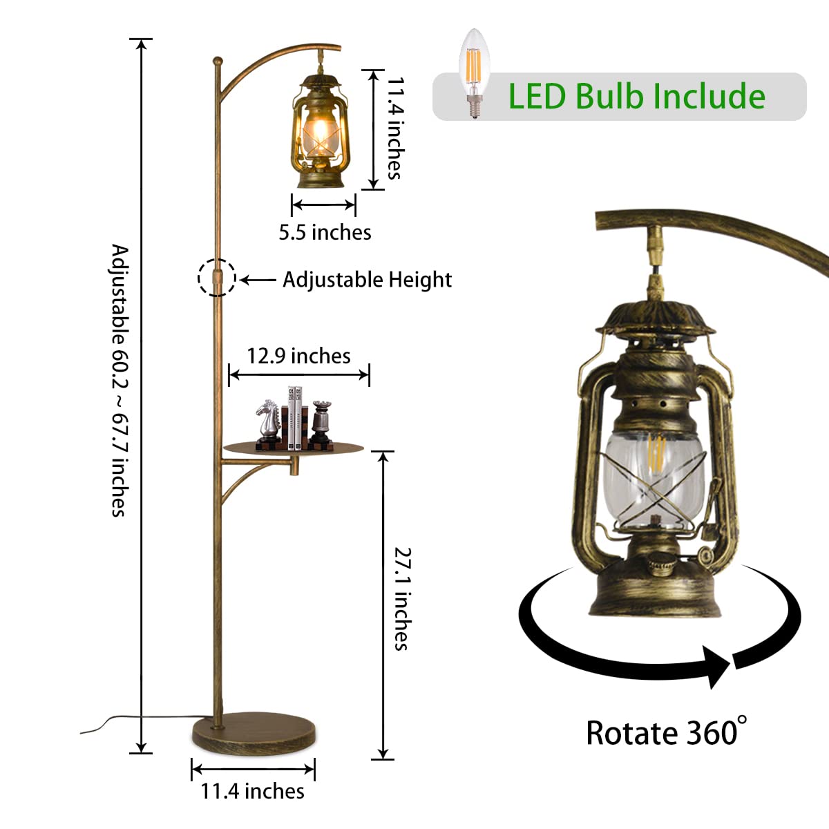 Farmhouse Adjustable Floor Lamp with Tray - Rustic Bronze Standing Light for Bedroom, Living Room, Office & Cafe - On/Off Foot Switch - Perfect for Reading Nook, Home Office Decor & Cozy Living Spaces
