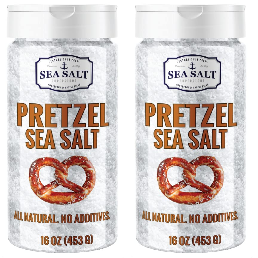 Pretzel Salt for Soft Pretzels & Bagels - Food Grade Coarse Sea Salt for Baking - Heat Resistant for Pretzel Dough - 1 lb Shaker (2-Pack) - Perfect for Home Baking, Pretzel Shops & Restaurants - Sea Salt Superstore