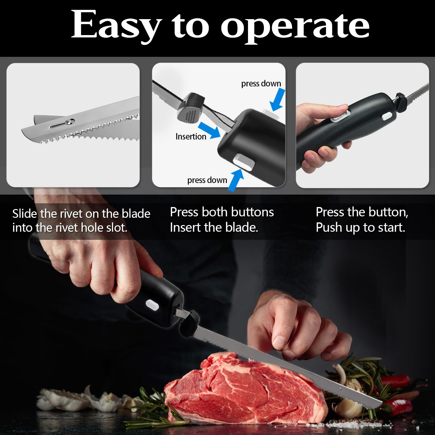 Rechargeable Cordless Electric Knife with 2 Stainless Steel Blades - Safety Lock & Ergonomic Handle for Carving Meat, Bread, Fish, Cheese & Steak | Perfect for Holiday Dinners, BBQ Parties & Home Cooking (Grey)