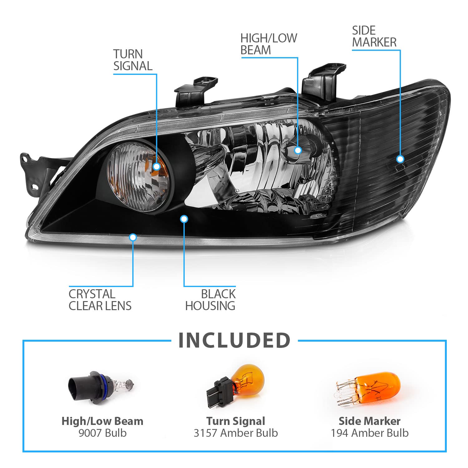 AmeriLite Black Replacement Headlights Set for 2002-2003 Mitsubishi Lancer - Left & Right Side Headlamps - Improve Night Visibility & Style Upgrade for Daily Driving & Car Shows