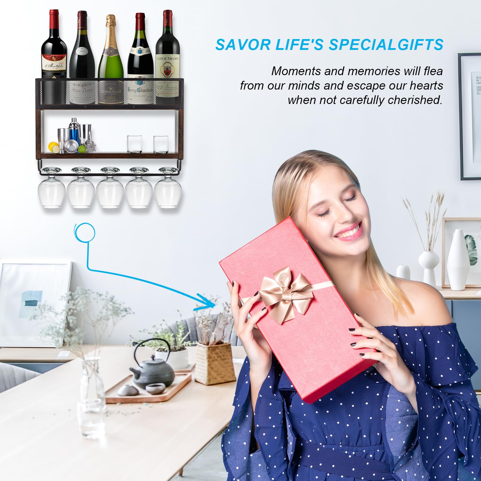 Brown Wooden Wall Mounted Wine Rack with Glass Holder - Space Saving Wine Storage for Kitchen, Dining Room & Home Bar - Perfect for Wine Enthusiasts & Entertaining Guests