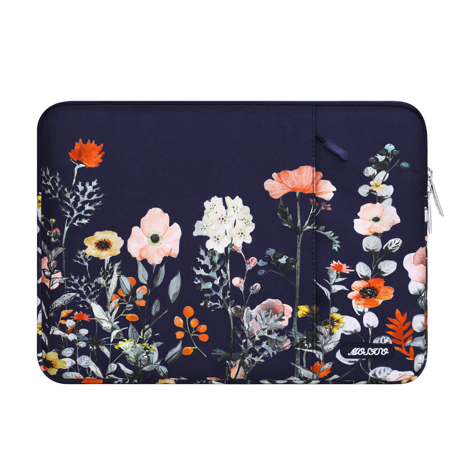 MOSISO 13-13.3 Inch Laptop Sleeve for MacBook Air/Pro & 14 Inch MacBook Pro 2021-2023 (M1/M2 Models A2442/A2779) - Water-Resistant Polyester Vertical Case with Front Pocket, Floral Design in Blue - Perfect for Work, School & Travel Protection
