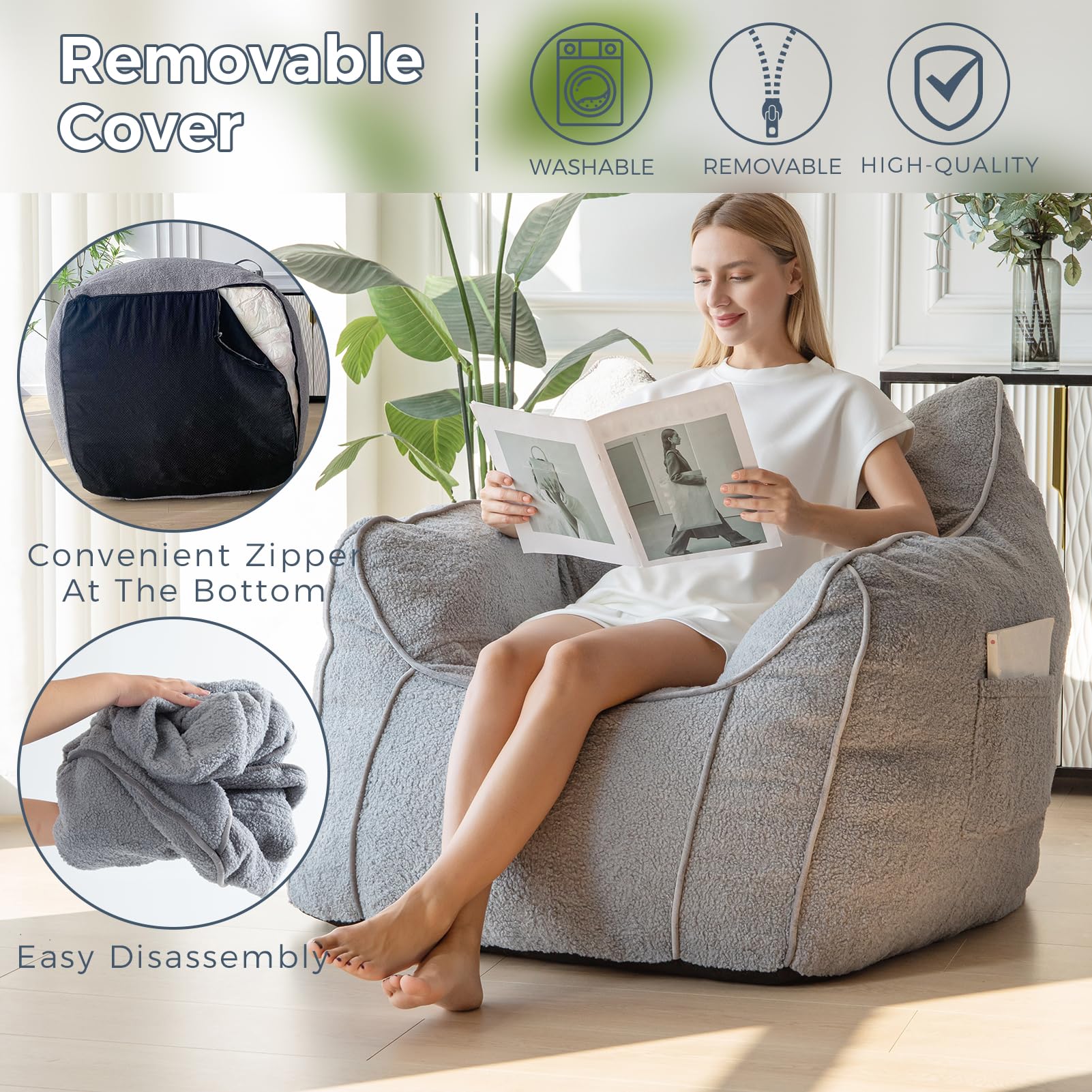 MAXYOYO Giant Bean Bag Chair for Adults - Large Fluffy Bean Bag Couch with Decorative Edges, Grey - Perfect for Living Room, Bedroom, Game Room & Dorm Relaxation