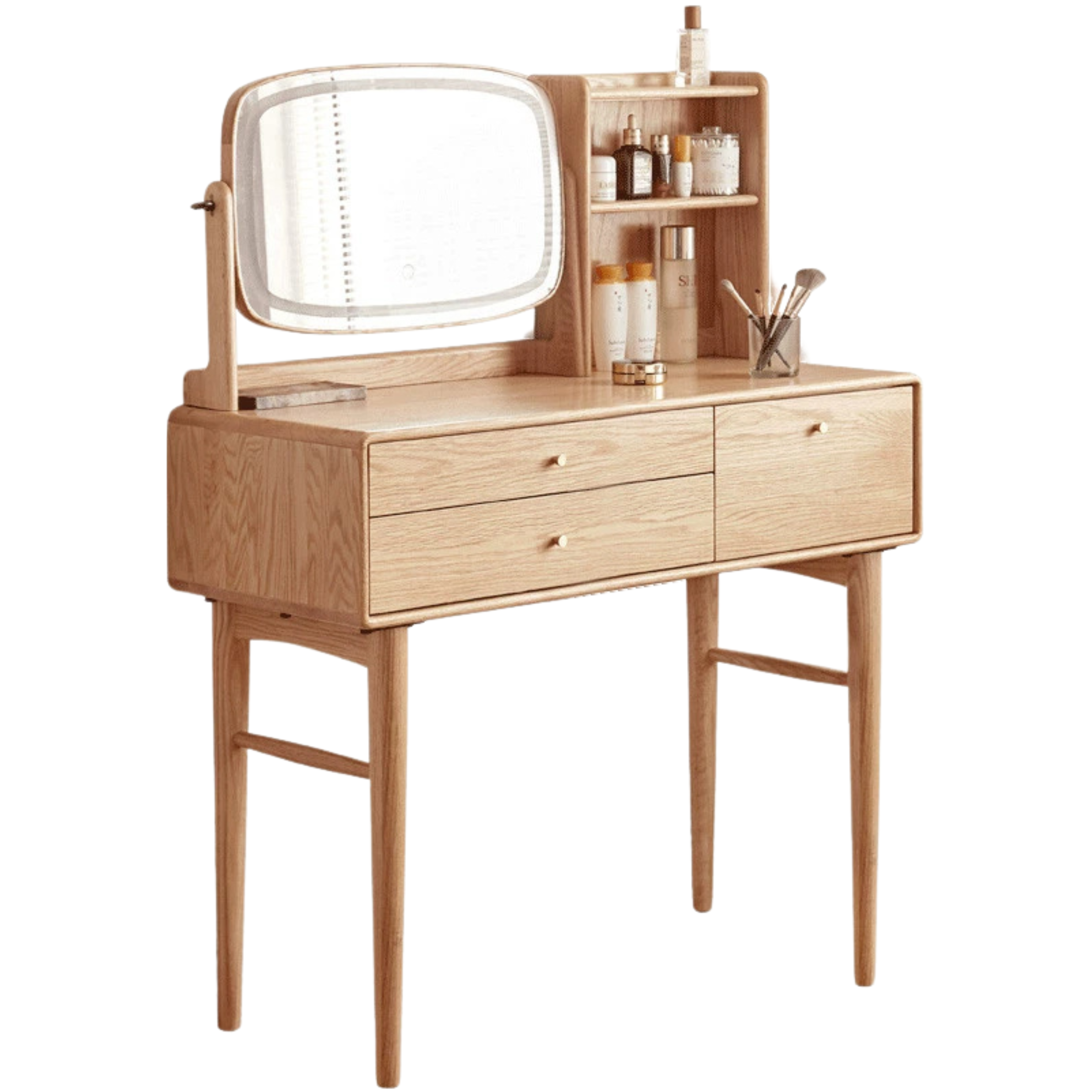 Solid Oak & Ash Wood Dressing Table with LED Lighted Makeup Mirror - Perfect for Bedroom Vanity, Makeup Application & Home Decor