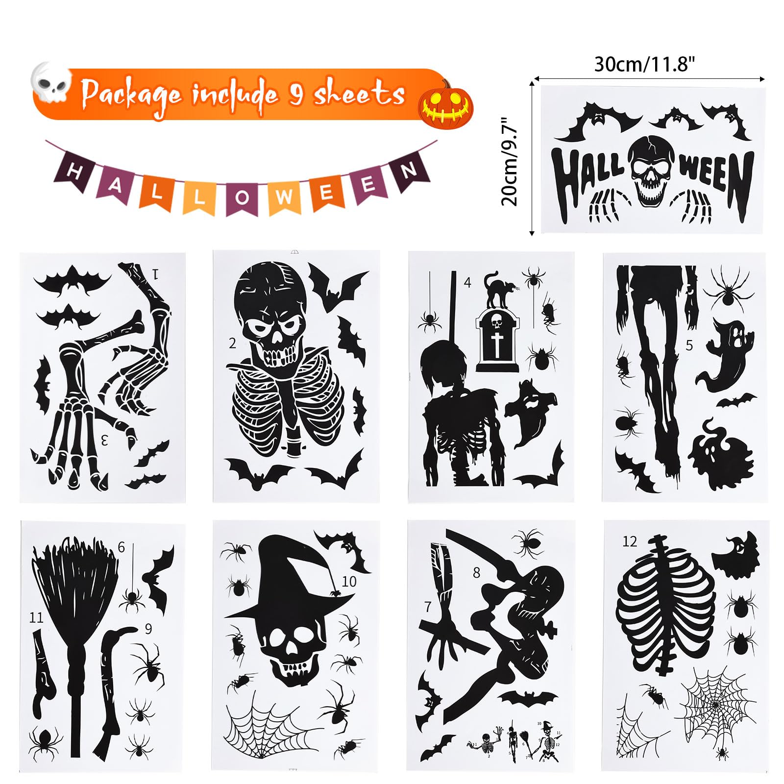 BBLIKE Halloween Window Stickers - 9 Sheets Spooky Bat & Skull Window Decals for Halloween Party Decorations - Perfect for Home, Office, and Classroom Halloween Decor