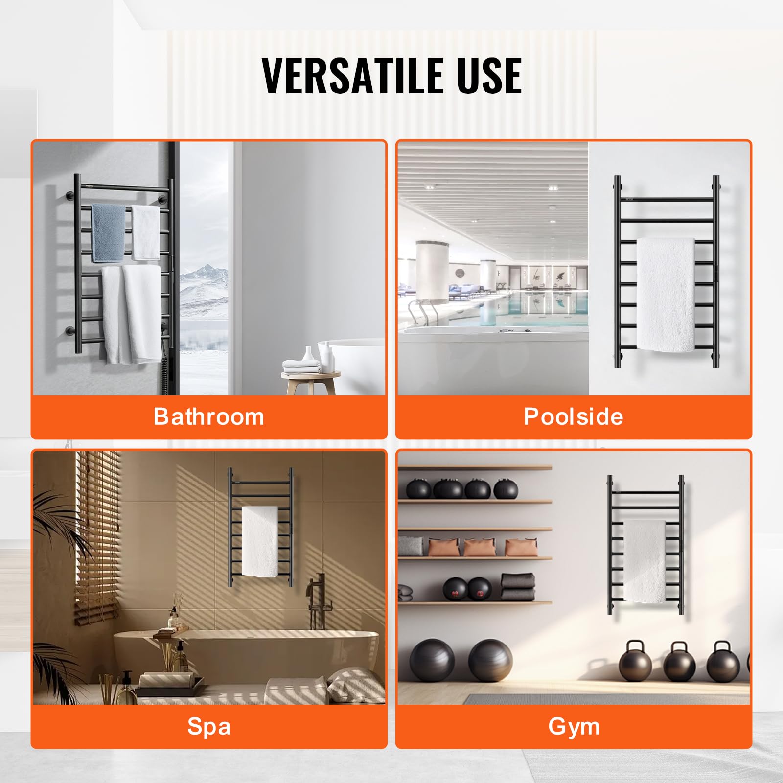 VEVOR 8-Bar Wall Mounted Heated Towel Rack for Bathroom - IPX5 Waterproof Towel Warmer with Timer, LED Display & 5 Adjustable Temperature Settings - Perfect for Spa, Luxury Hotels & Home Bathroom (Black)
