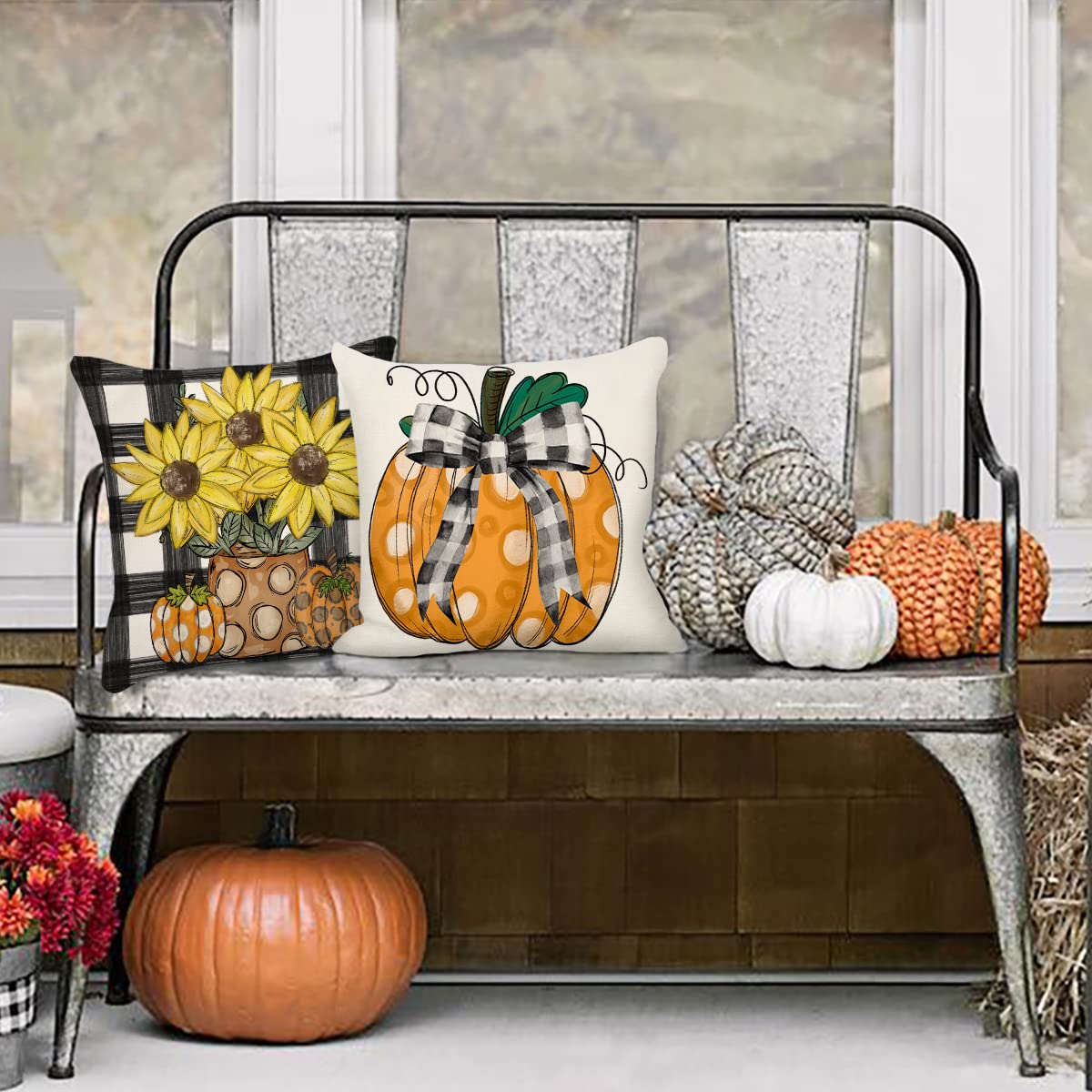 18x18 Fall Decor Pillow Covers Set of 4 - Pumpkin Farmhouse, Polka Dot, Buffalo Check & Sunflower Striped Designs for Thanksgiving Home Decor | Cozy Seasonal Throw Pillow Cases for Sofa, Living Room & Porch