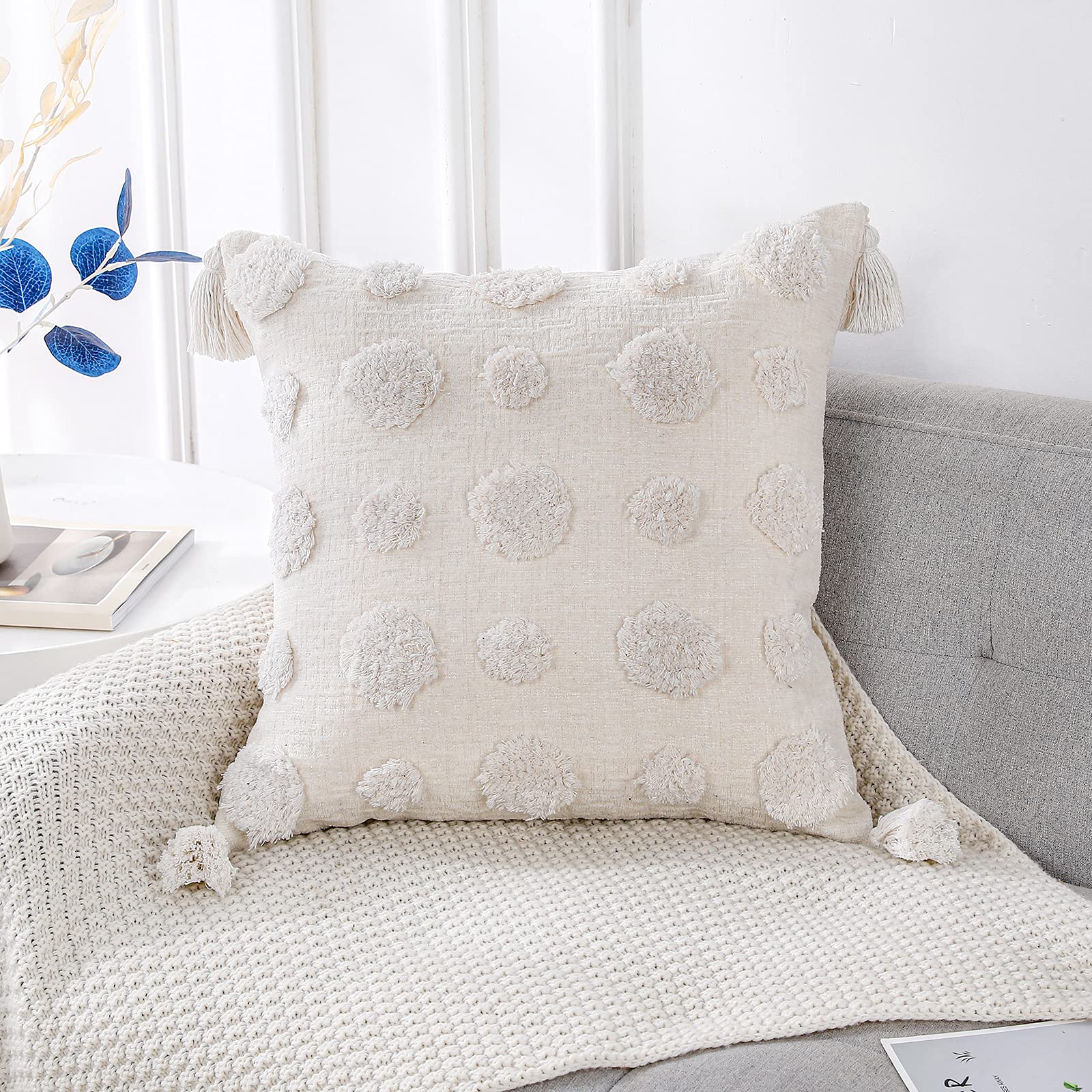 PANOD Super Soft Farmhouse Decorative Plush Throw Pillow Covers 24x24 Inch - White Pom Pom Tufted Boho Square Cushion with Tassels for Sofa, Couch, Bed & Home Decor | Cozy Living Room & Bedroom Accent