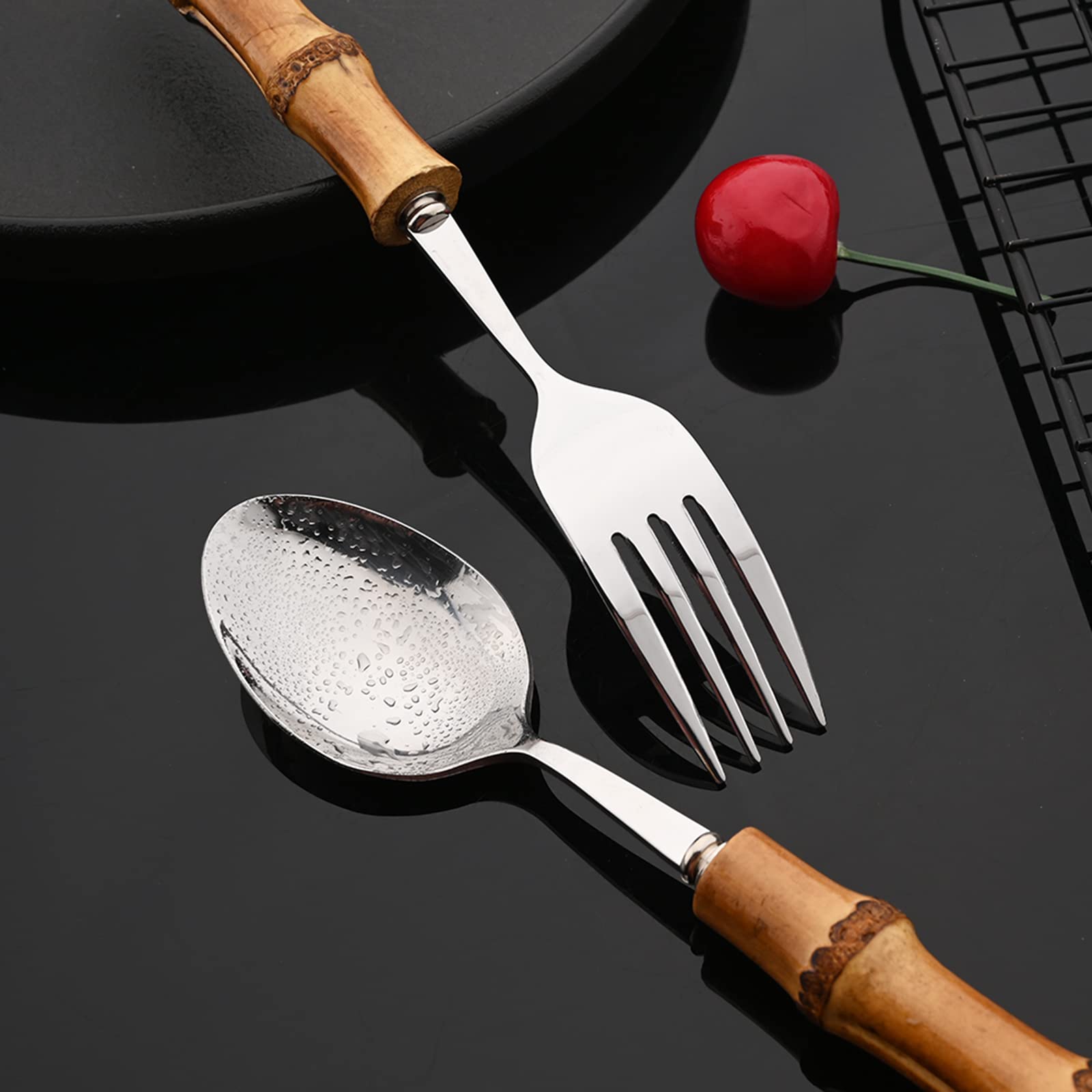 JASHII 16-Piece Natural Bamboo Flatware Set - Stainless Steel Silverware Cutlery with Bamboo Handle for 4 People, Mirror Polished Kitchen Utensils (Shiny Silver) - Perfect for Dinner Parties, Restaurants & Eco-Friendly Home Dining