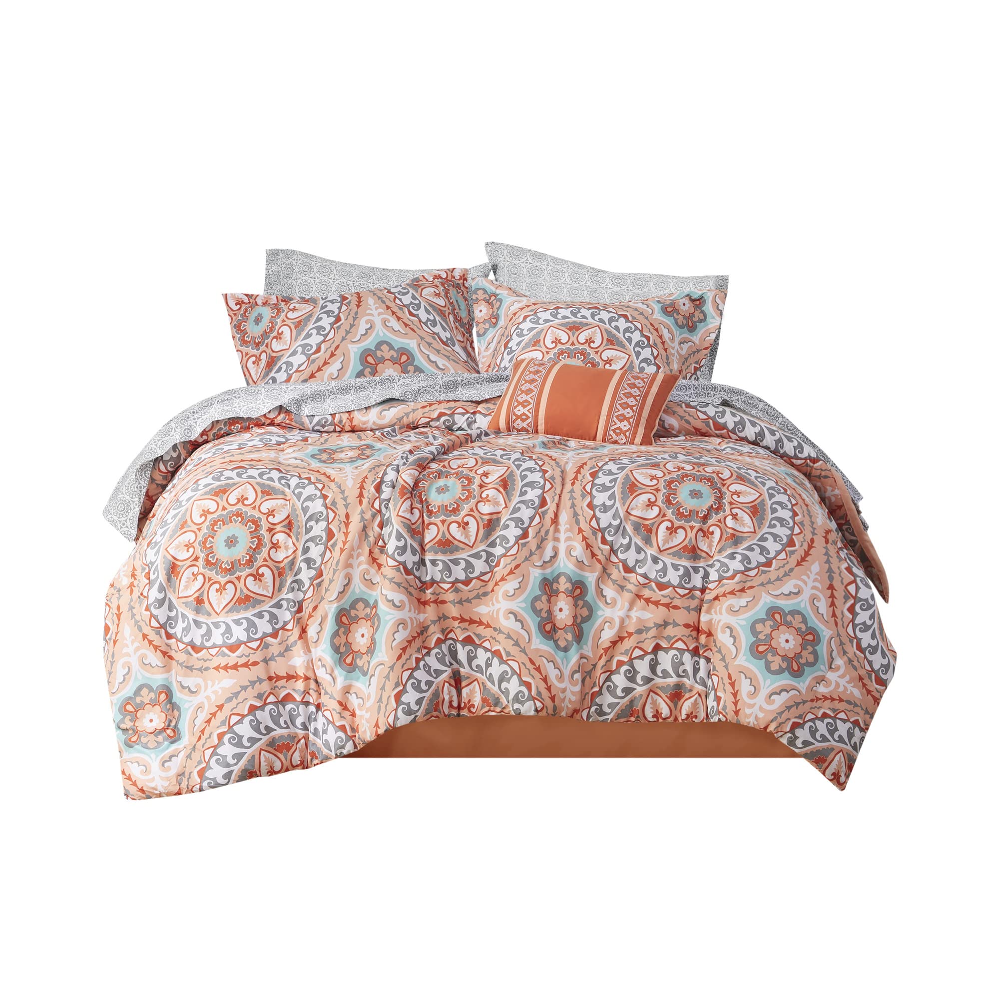 Madison Park Essentials Serenity 9-Piece Queen Bed in a Bag Comforter Set - Medallion Damask Design, All Season Cotton Bedding with Sheet Set & Bedskirt (90