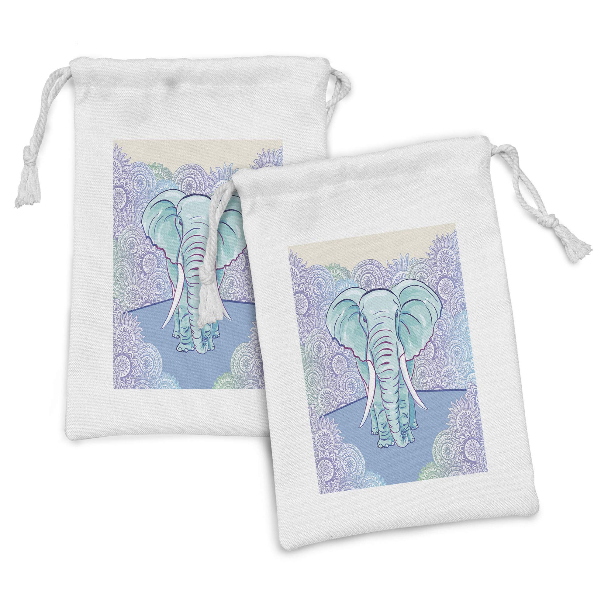 Ambesonne Animal Fabric Pouch Set of 2 - Floral Oval Motifs & Watercolor Animal Design with Ombre Effect - Small Drawstring Bags for Toiletries, Masks, Jewelry & Party Favors (9