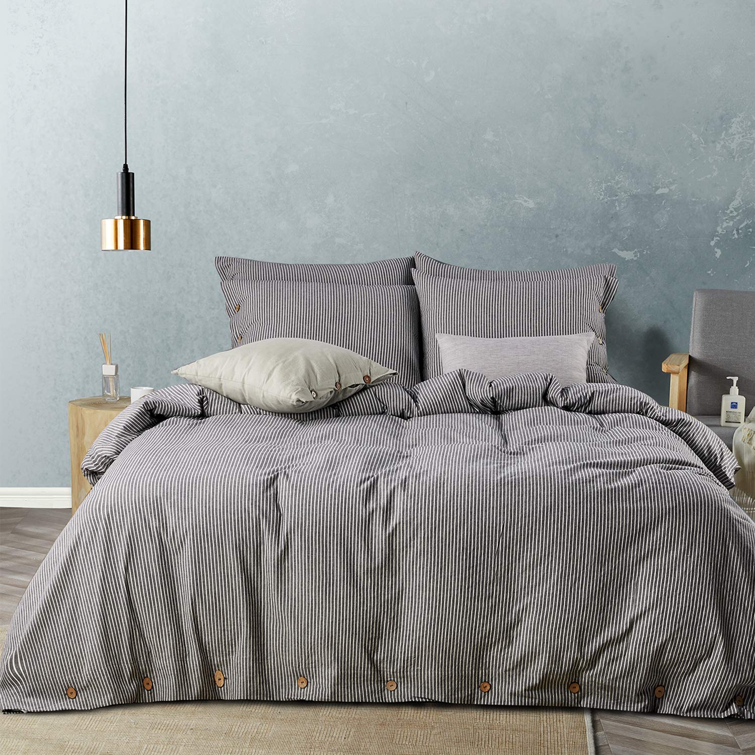 JELLYMONI 100% Washed Cotton Duvet Cover Set King Size - 3 Piece Pinstripe Bedding Set with Button Closure, Black & White Striped Pattern (Comforter Not Included) | Soft Breathable Luxury Bedding for Master Bedroom, Guest Room & Vacation Homes