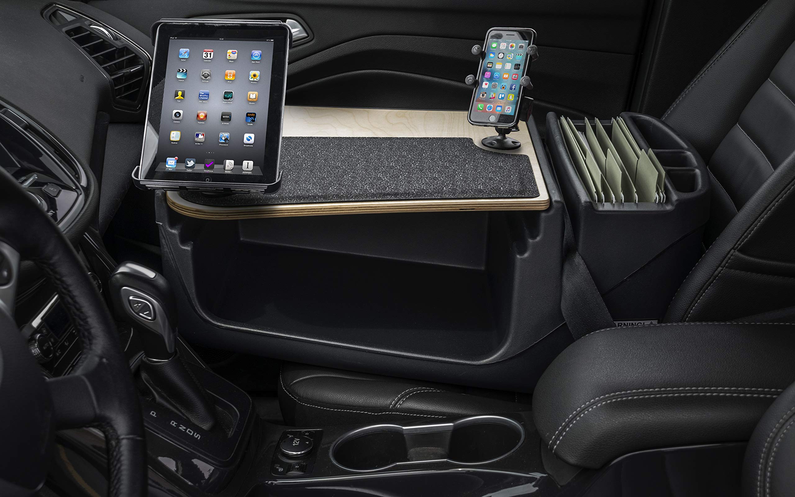 AutoExec AUE08200 Efficiency GripMaster Car Desk - Birch Finish Workstation with Built-in 200W Power Inverter, Adjustable Phone & Tablet Mount - Perfect for Remote Work, Road Trips & Mobile Office Setup