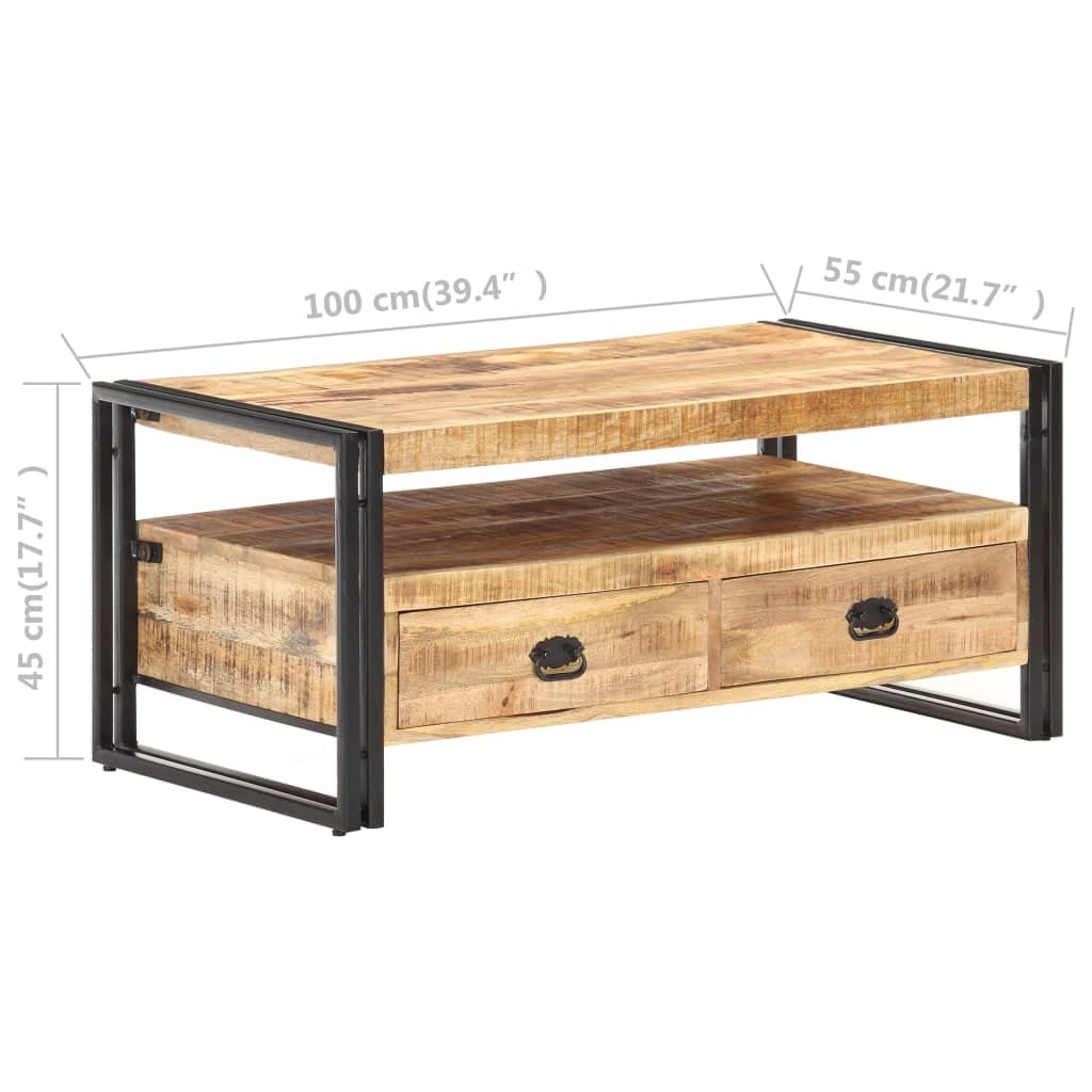 Industrial Mango Wood Coffee Table with Steel Legs & 2 Drawers - Living Room Centerpiece