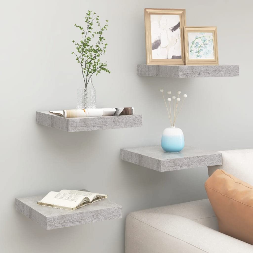 Floating Shelf Wall Mount - Set of 4 Concrete Gray MDF Shelves (9.1