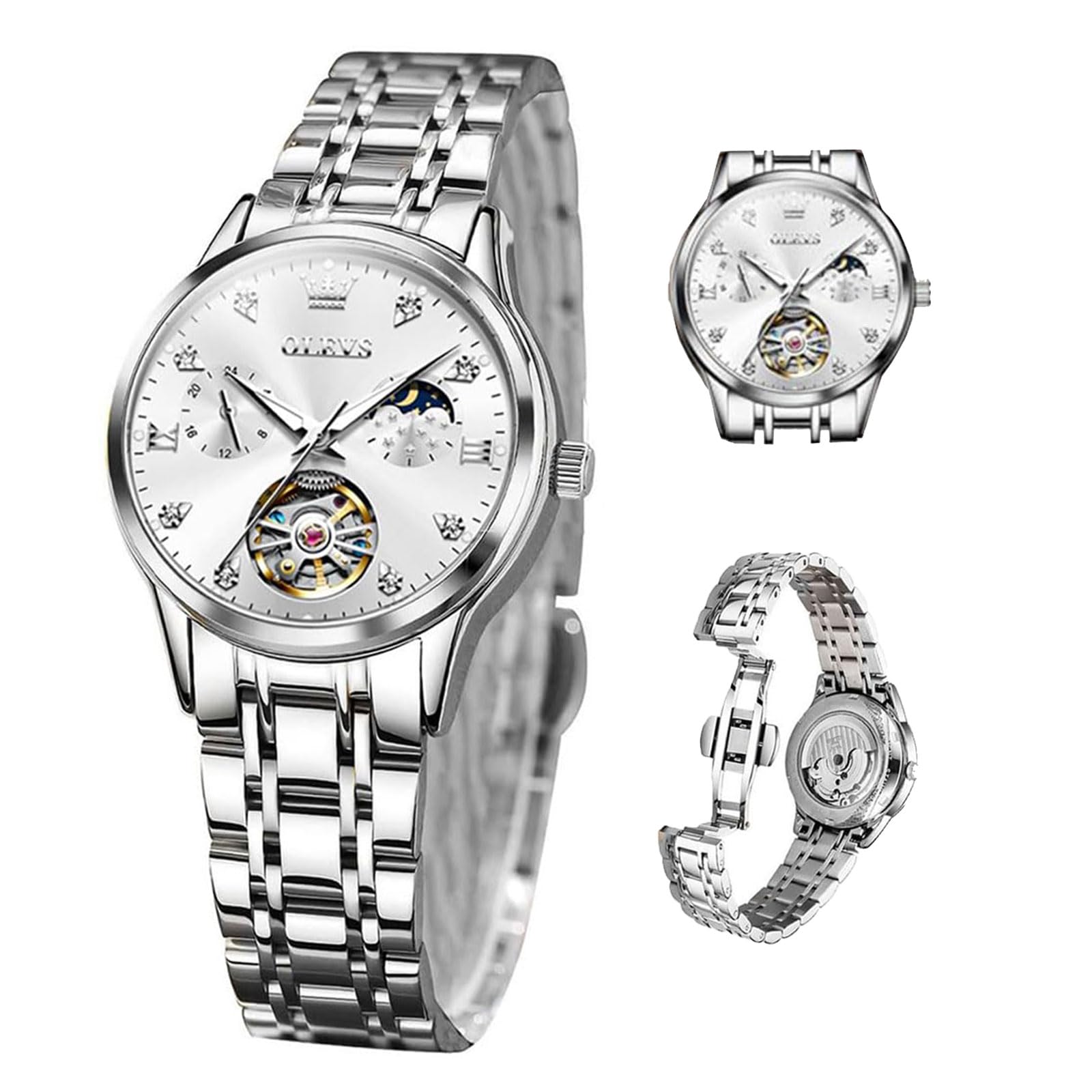 OLEVS Automatic Winding Hollow Skeleton Moon Phase Women's Watch - Stainless Steel Waterproof Ladies Watch with Two-Tone Band | Perfect for Business, Party & Everyday Wear