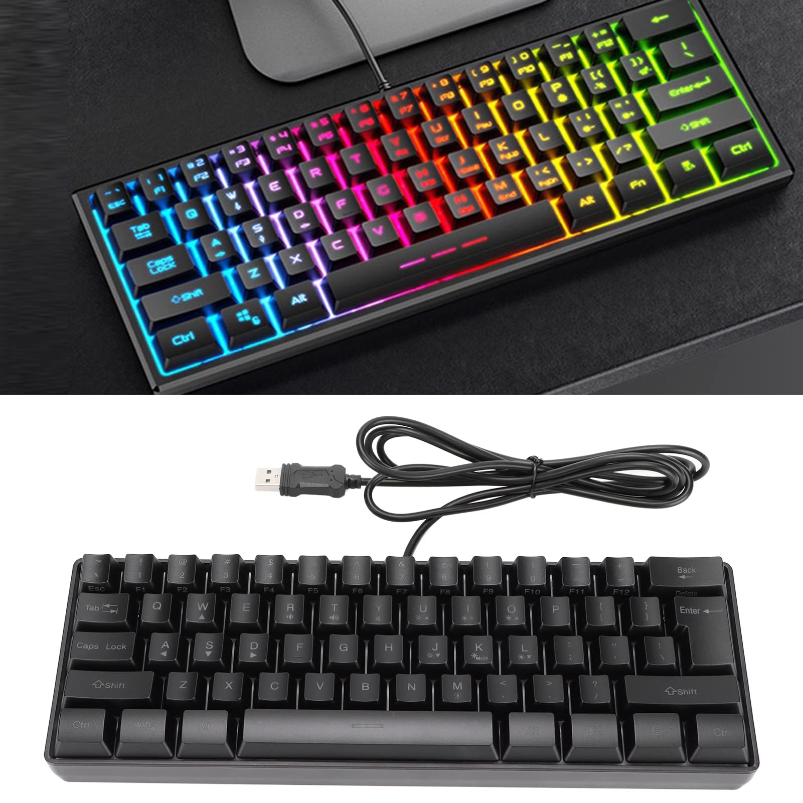ASHATA 61-Key RGB Backlit Wired Mechanical Gaming Keyboard - USB Plug & Play for PC, Laptop - Perfect for Home Office Work & Gaming (Black)
