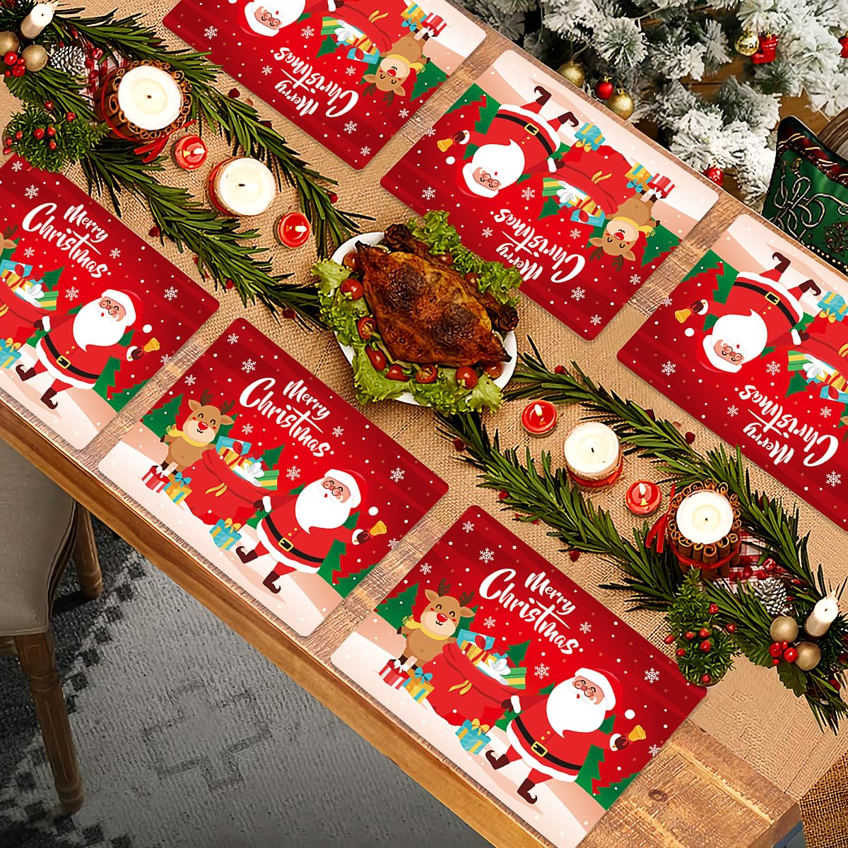 BESTonZON Christmas Placemats Set of 6 - 17x11 Inch Holiday Table Mats in Festive Red - Merry Xmas Dining Decor for Kitchen, Party & Holiday Gatherings