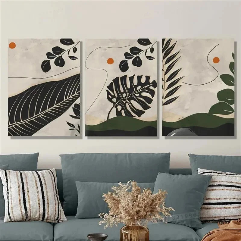3-Piece Abstract Botanical Print Metal Wall Art - Nature Green Leaves Decor - Ready to Hang for Living Room, Bedroom & Office