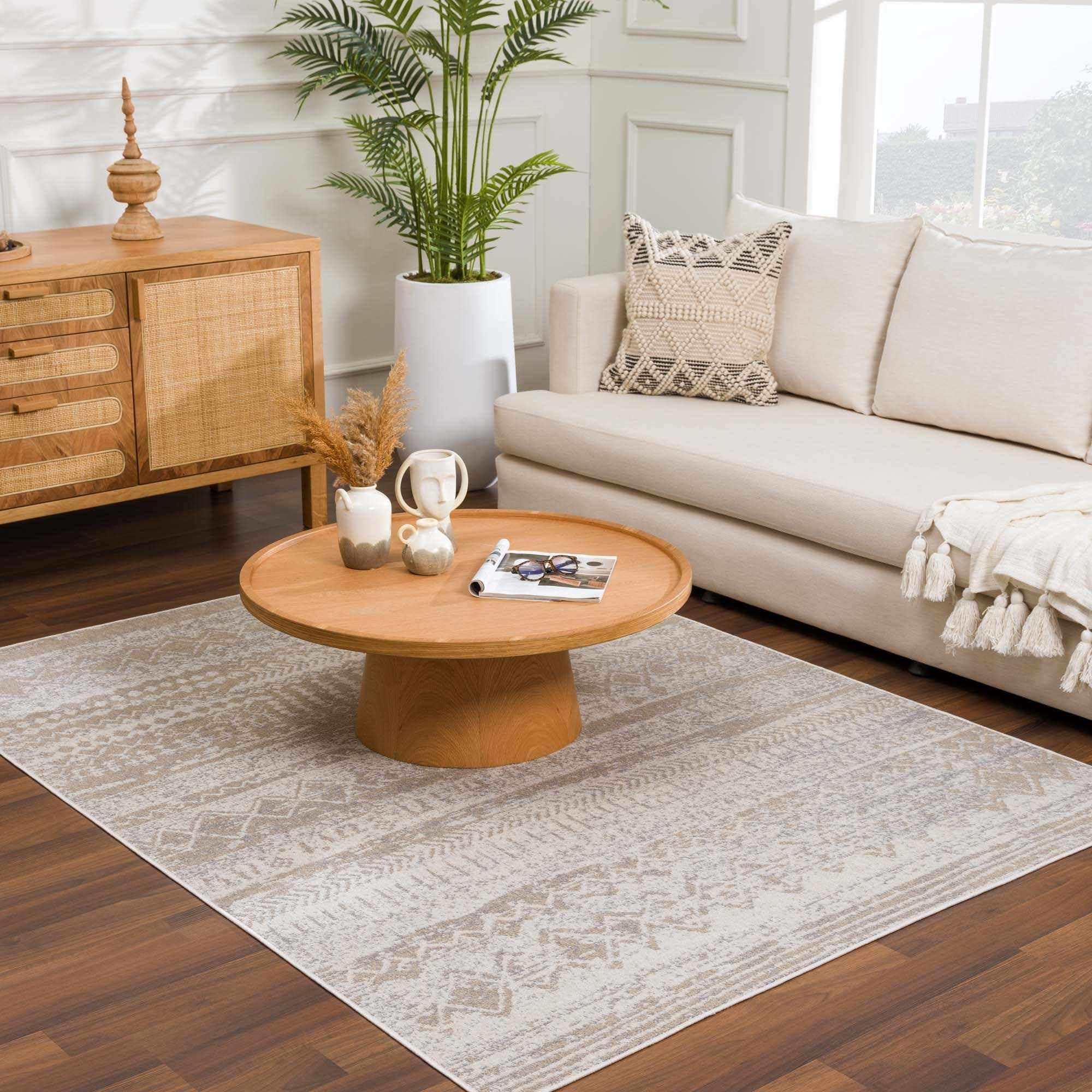 Hauteloom Tupsan Washable Area Rug for Living Room & Bedroom - Soft Beige & Gray - 6'7