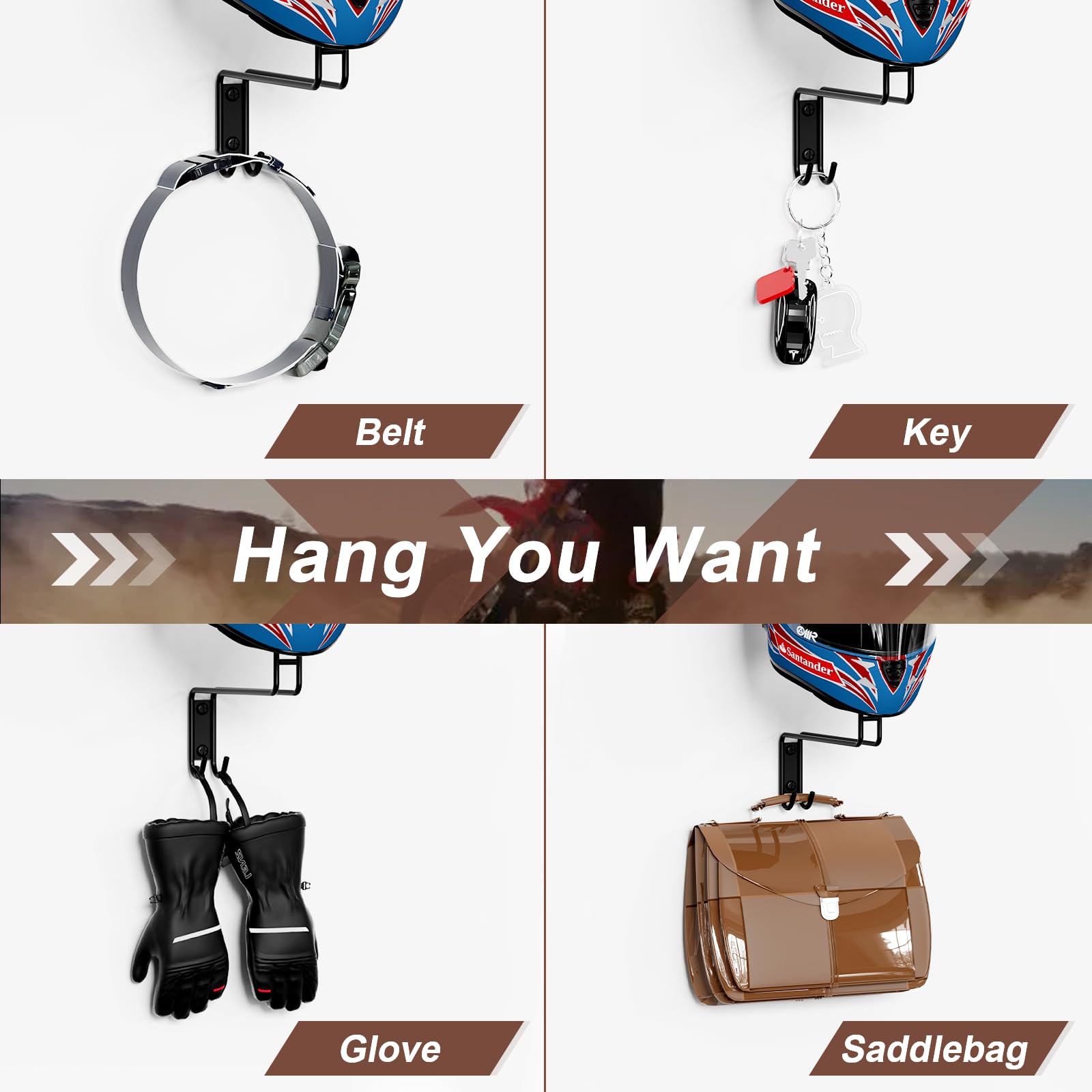 2 Pack Motorcycle Helmet Rack Wall Mount with Hooks - for Bike, Coat & Cap Storage