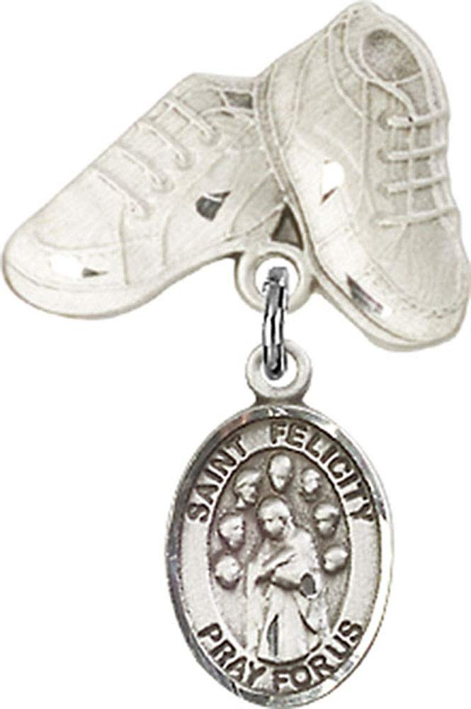 Sterling Silver Baby Badge with St. Felicity Charm & Baby Boots Pin - Handmade in USA | Religious Jewelry Gift for Christening, Baptism & Newborn Blessings
