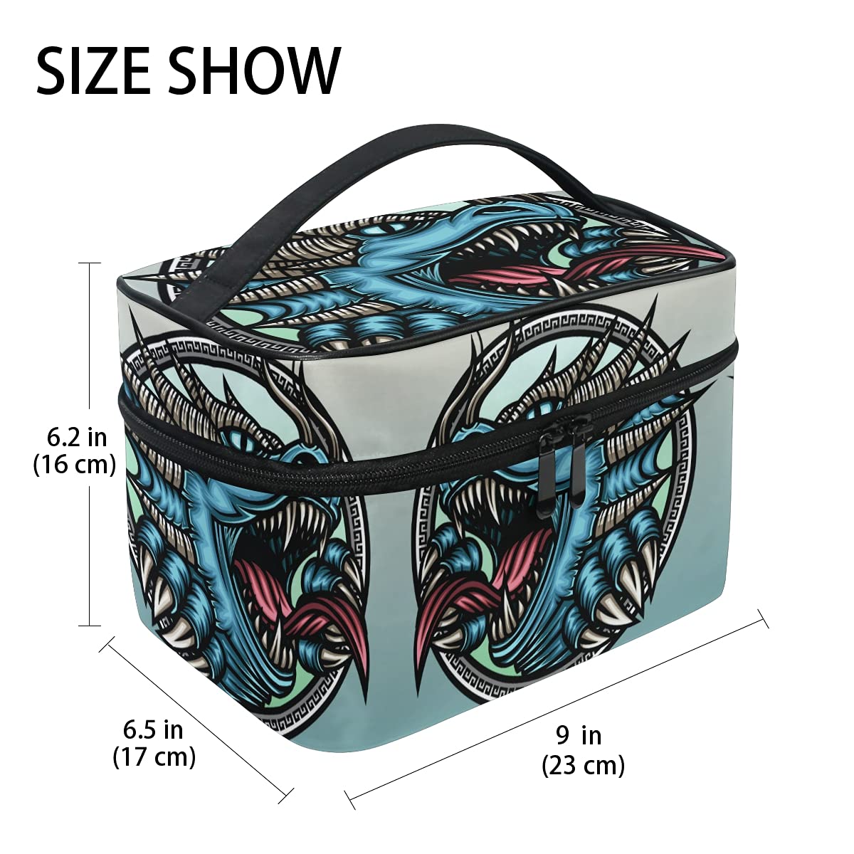 Angry Blue Dragon Dinosaur Cosmetic Bag - Waterproof Makeup Organizer with Zipper for Women & Girls - Perfect for Travel, Gym, and Daily Beauty Storage