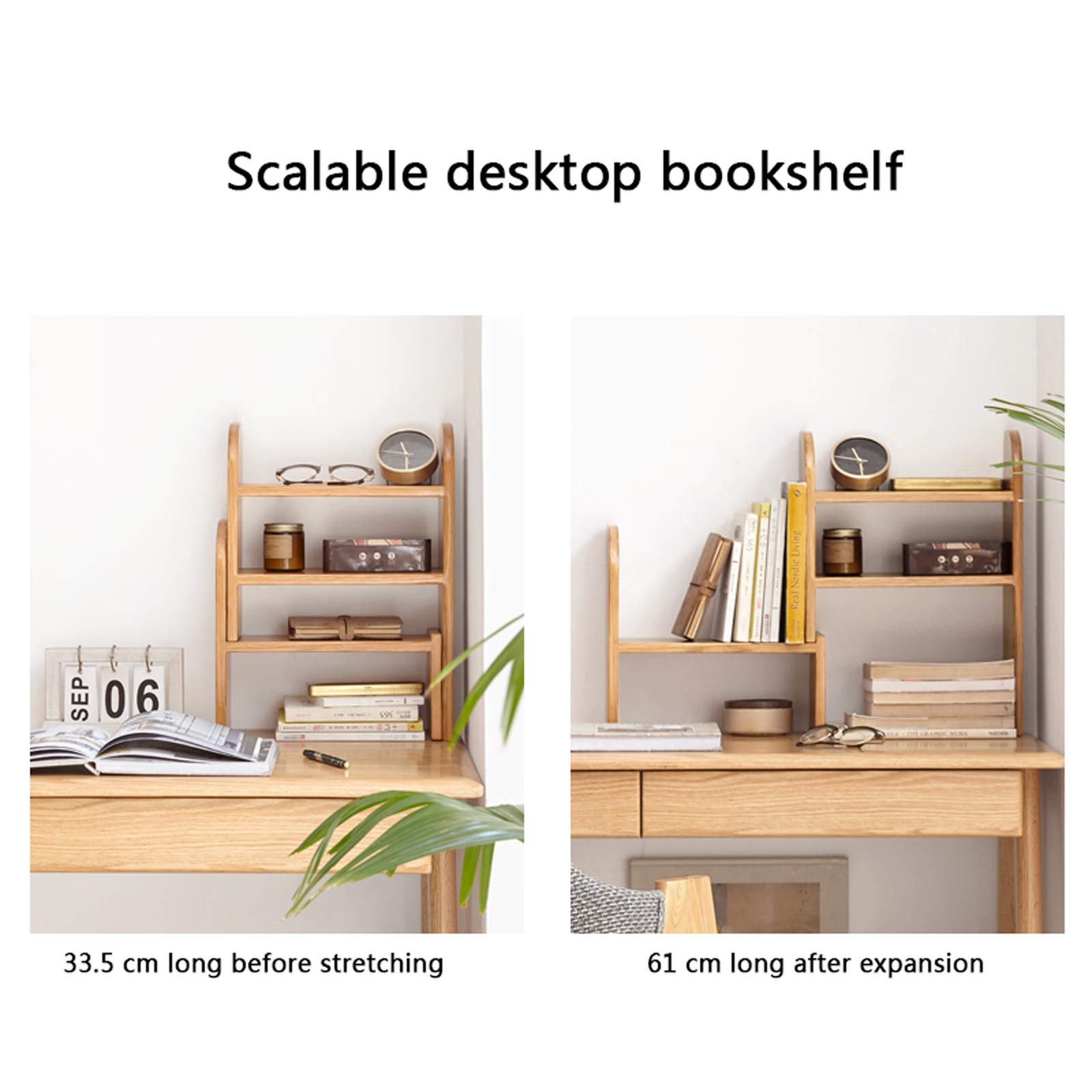 Natural Oak Expandable Bookshelf - Adjustable Desktop Book Organizer for Office & Home, Table Top Bookcase with Storage Rack - Perfect for Small Spaces, Dorm Rooms & Workspaces
