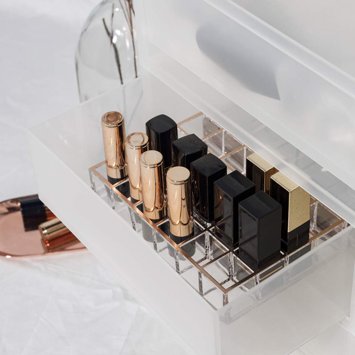 Moonlight Rose Gold Acrylic Lipstick Holder & Organizer - 24 Slot Makeup Storage for Vanity or Drawer | Perfect for Cosmetic Display & Beauty Counter Organization