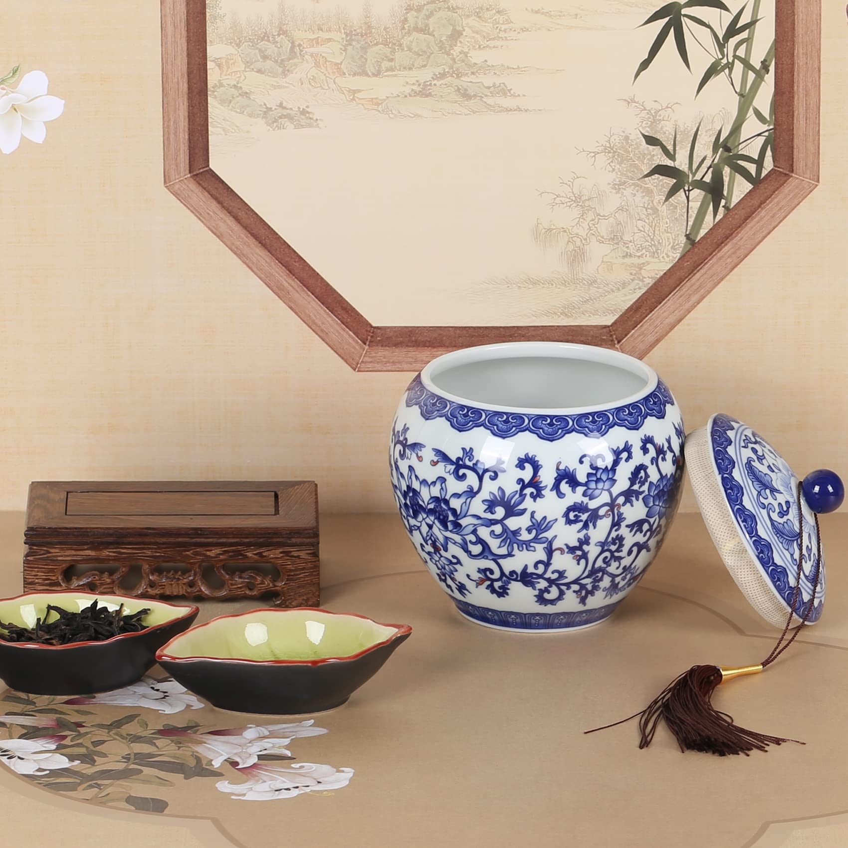 Blue and White Porcelain Ginger Jars - Traditional Chinoiserie Round Ceramic Storage Jars with Sealed Lids for Home Decor, Kitchen Organization & Dining Table Centerpiece (Wish Jar) - Perfect for Asian-Inspired Home Decor, Wedding Centerpieces & Luxury Gift Giving