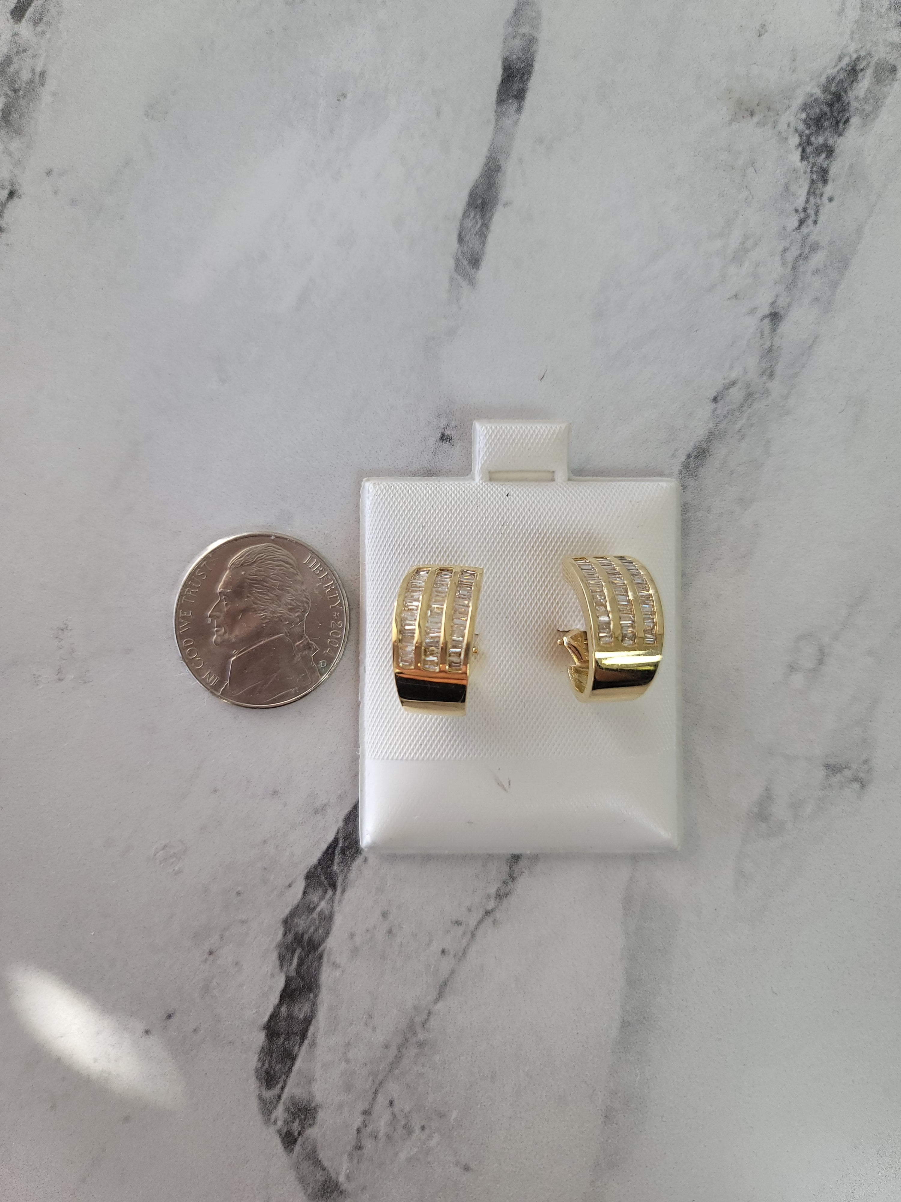 14K Yellow Gold Triple Row Baguette Diamond Earrings .79cttw - Elegant Wedding, Anniversary & Evening Party Jewelry Gift for Women