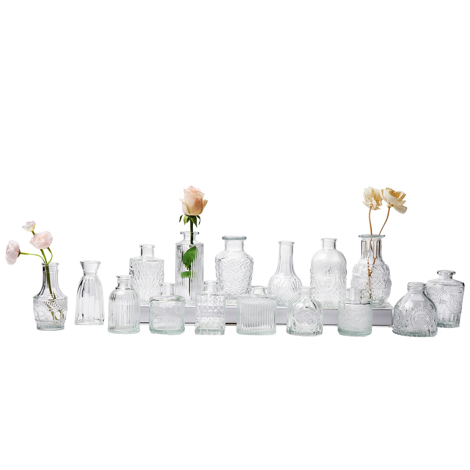 16-Piece Clear Glass Bud Vase Set - Small Flower Vases for Centerpieces, Vintage Home Table Decor - Perfect for Weddings, Parties & DIY Floral Arrangements