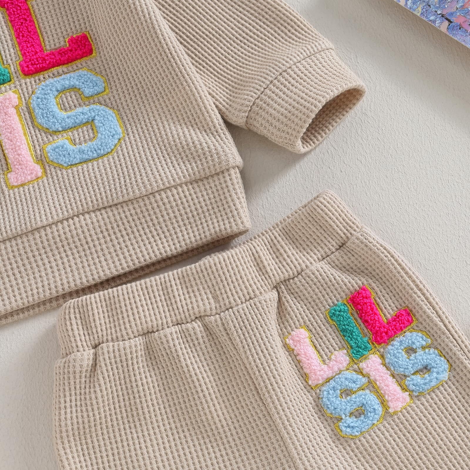 Big Sister Little Sister Matching Outfits - Baby Girls Waffle Long Sleeve Sweatshirt & Pants Set - Toddler Clothes for Twins, Siblings & Family Photos - Soft & Cozy Winter Outfit for Playdates & Holidays