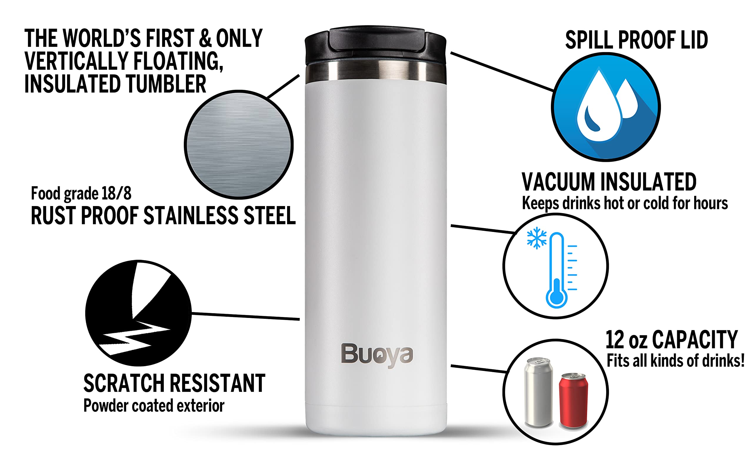 Buoya 12 oz Stainless Steel Vacuum Insulated Drink Tumbler with Lid - Leakproof Vertically Floating Cup for Pool, Spa, Lake & Ocean - Perfect for Swimming, Boating & Beach Parties
