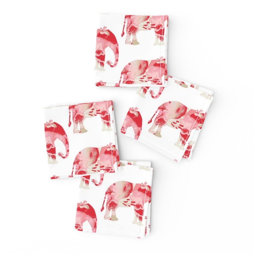 Floral Elephant Pink Baby Nursery Cocktail Napkins Set of 4 - Soft Linen Cotton Canvas Drink Napkins for Girls Room, Birthday Party & Bridal Shower Decor