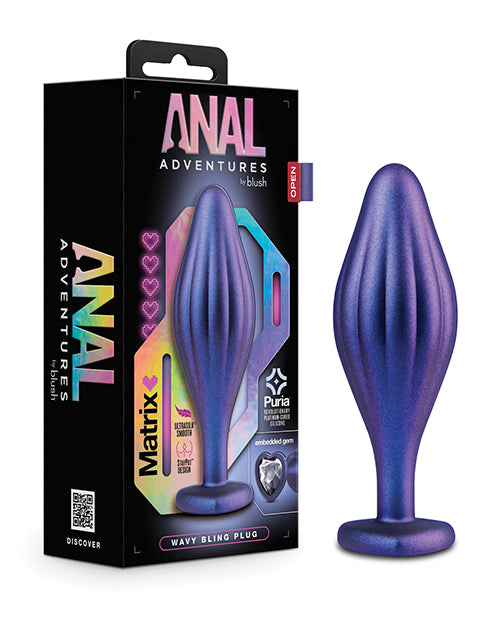 Anal Adventures Matrix Wavy Bling Silicone Butt Plug - Sapphire Blue - Adult Novelty Toy for Sensual Play & Couples Fun