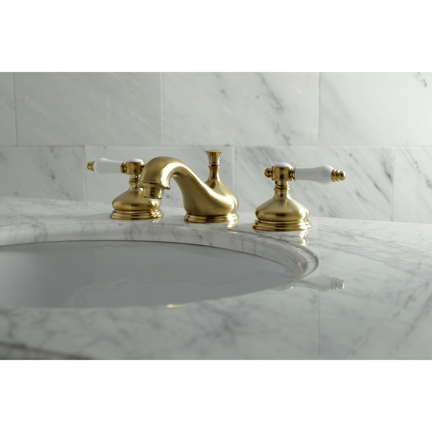 Bel Air KS1167BPL Brushed Brass Widespread Bathroom Faucet - 2 Handle 3 Hole Deck Mount with Brass Pop Up Drain - Perfect for Modern Bathroom Renovations and Vanity Upgrades
