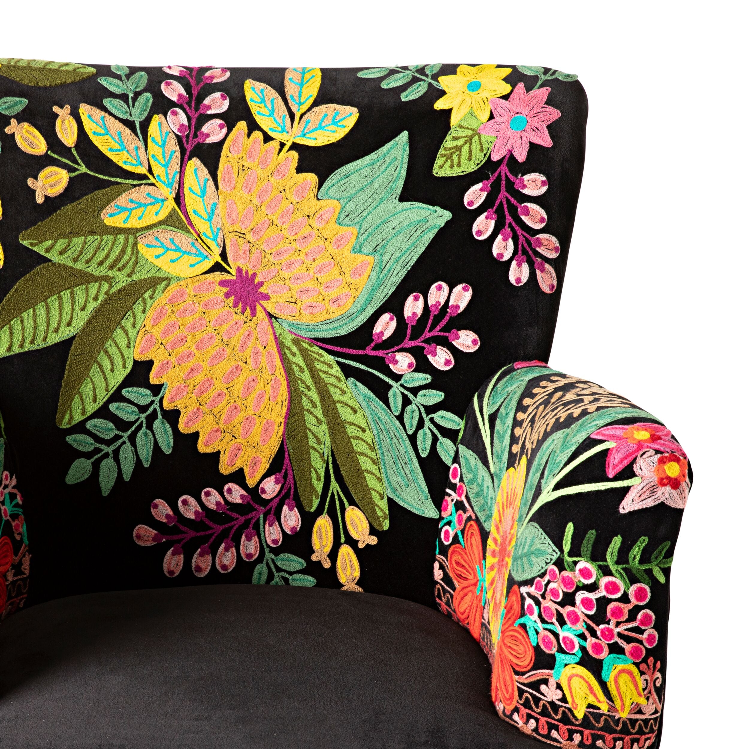 Elegant Black Blossom Embroidered Armchair - Modern Floral Accent Chair for Living Room, Bedroom & Office Decor