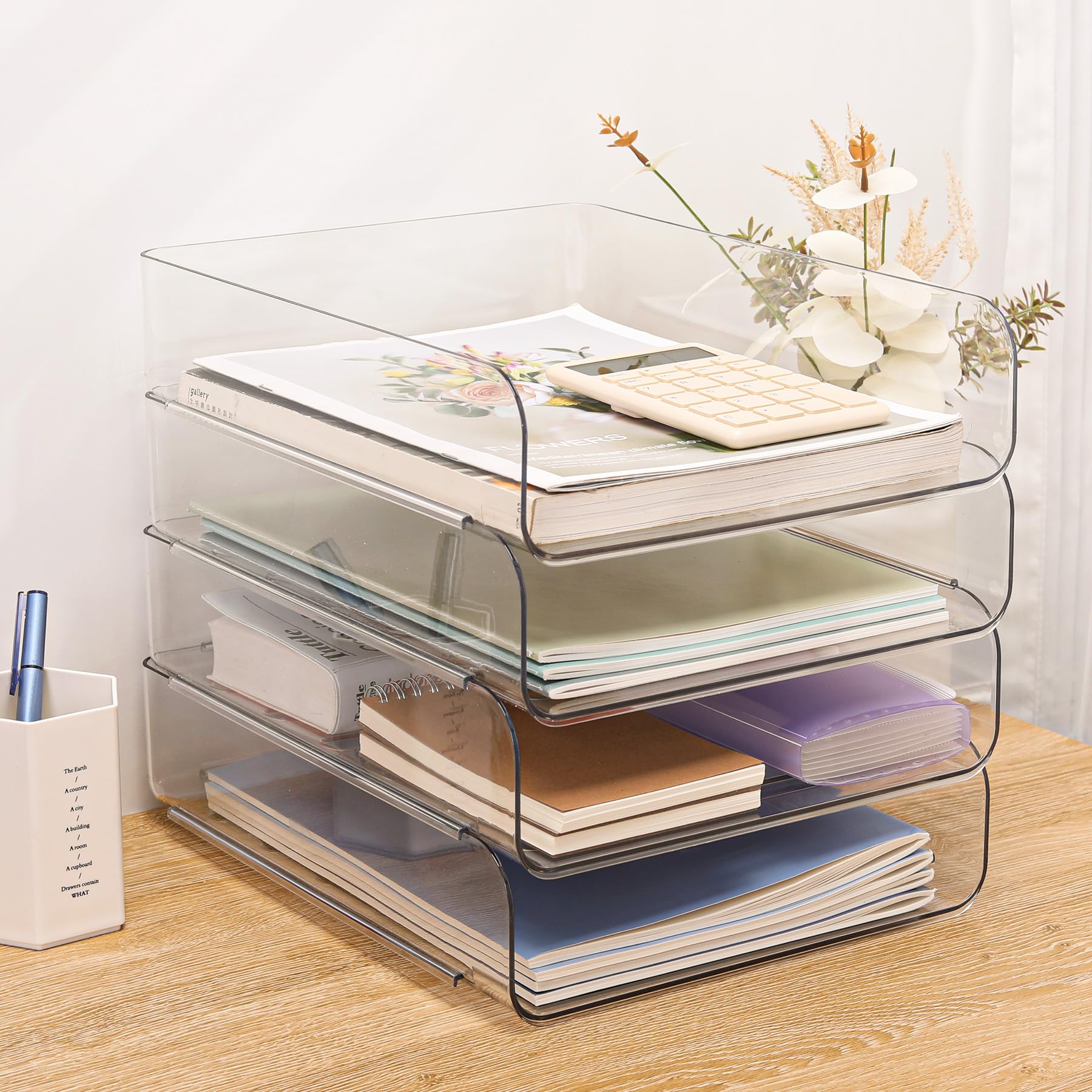 Set of 4 Clear PET Letter Tray Desk Organizer - Stackable Document & File Paper Organizer for Office Supplies | Perfect for Desk Organization, Mail Sorting & Paper Storage