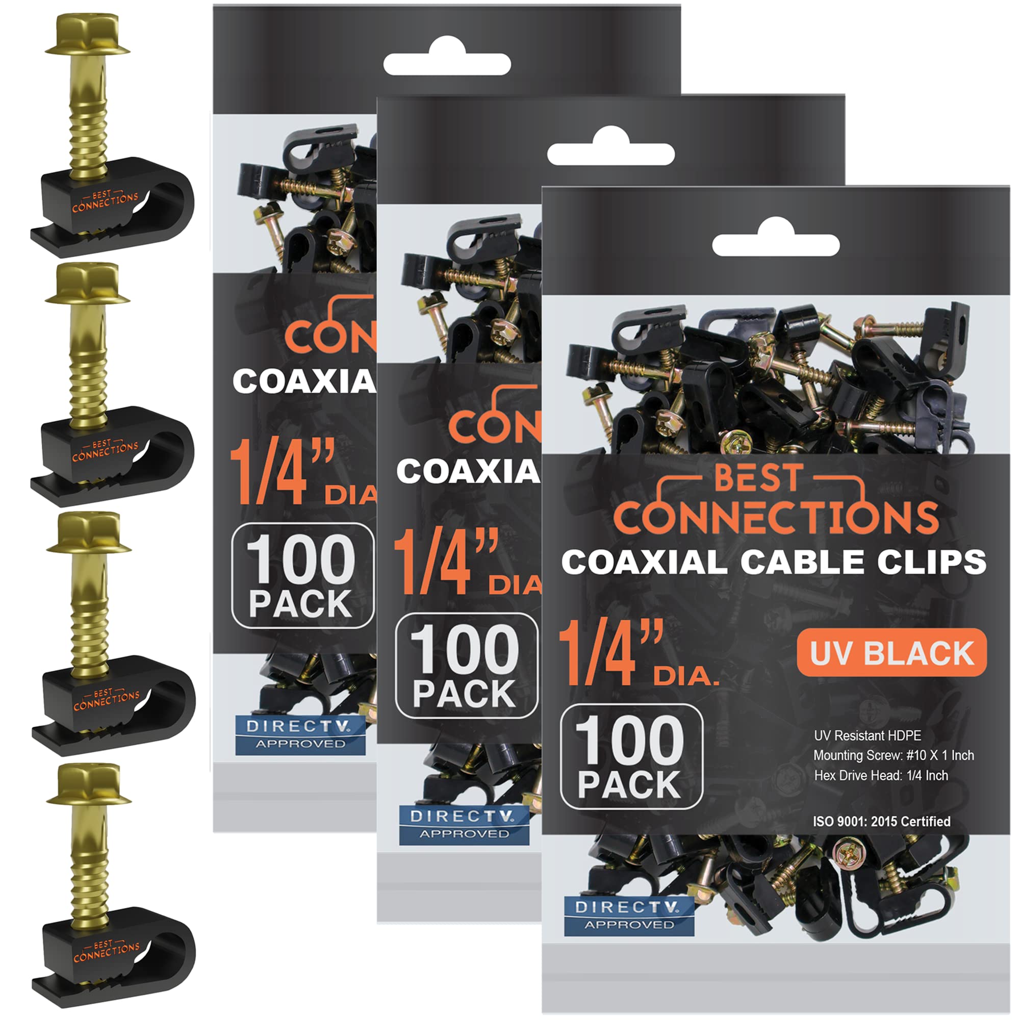 300 Pack Black Coaxial Cable Clips with Pre-Inserted Screws - RG6 RG59 Coax & Ethernet Cable Mounting Clamps - Cord Fastener Strain Relief Clips for Home Theater, Networking & Office Cable Management