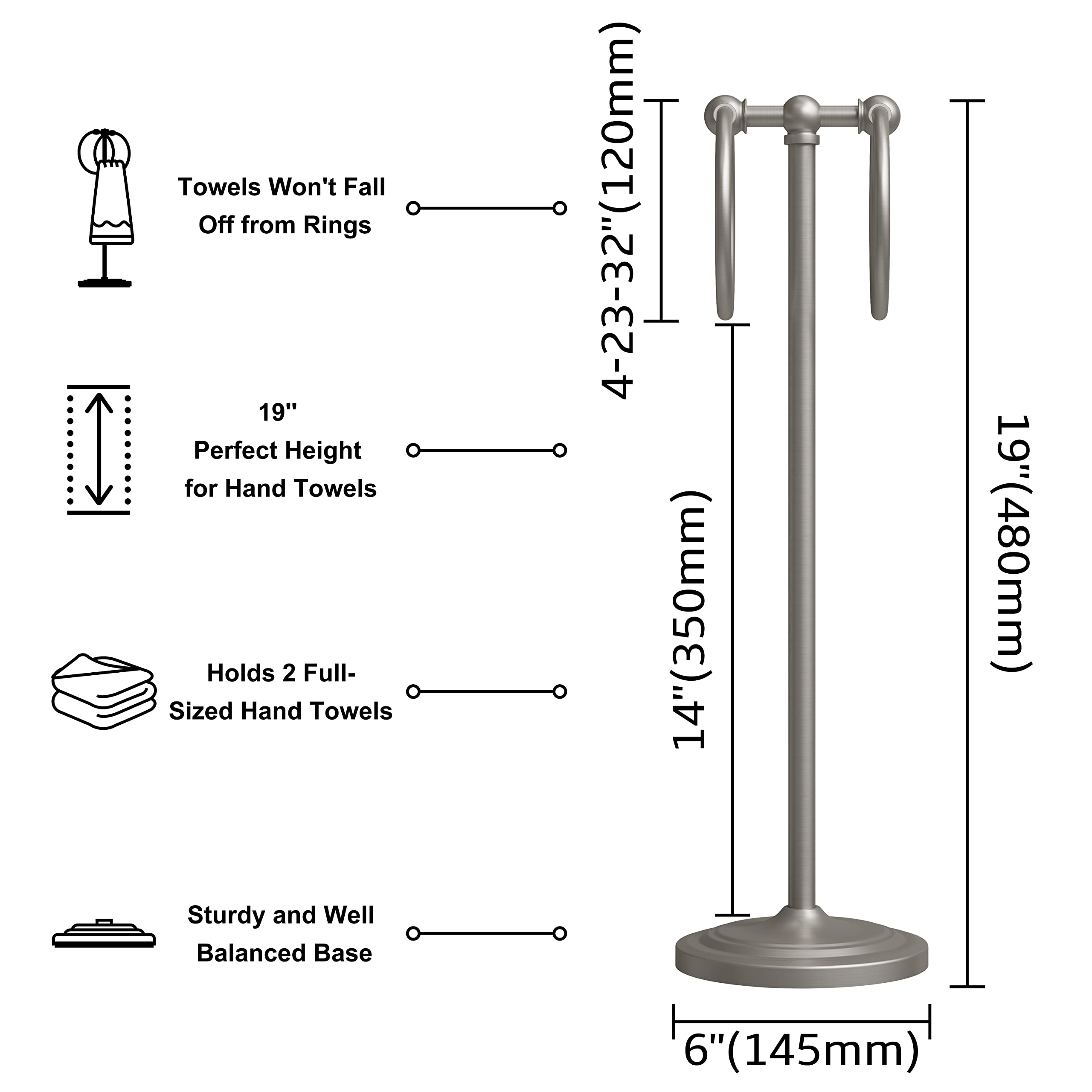 Brushed Nickel Towel Holder Stand - 2 Hanging Rings, 19