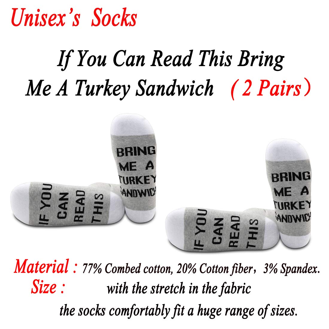 JXGZSO 2 Pairs Funny Turkey Sandwich Socks - Perfect Gift for Sandwich Lovers - Novelty Socks with 'Bring Me A Turkey Sandwich' Text - Comfortable & Unique Design for Christmas, Thanksgiving, or Casual Wear