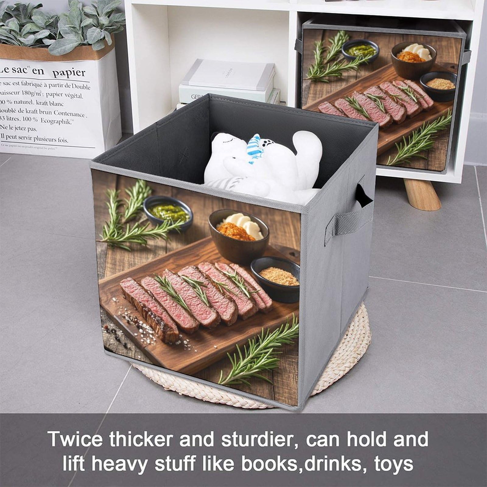 6-Pack Foldable Storage Bins with Handles - Large Capacity Rosemary & Steak Print Fabric Storage Boxes for Home, Office, Playroom Organization | Perfect for Toys, Books, Clothes & Household Items Storage