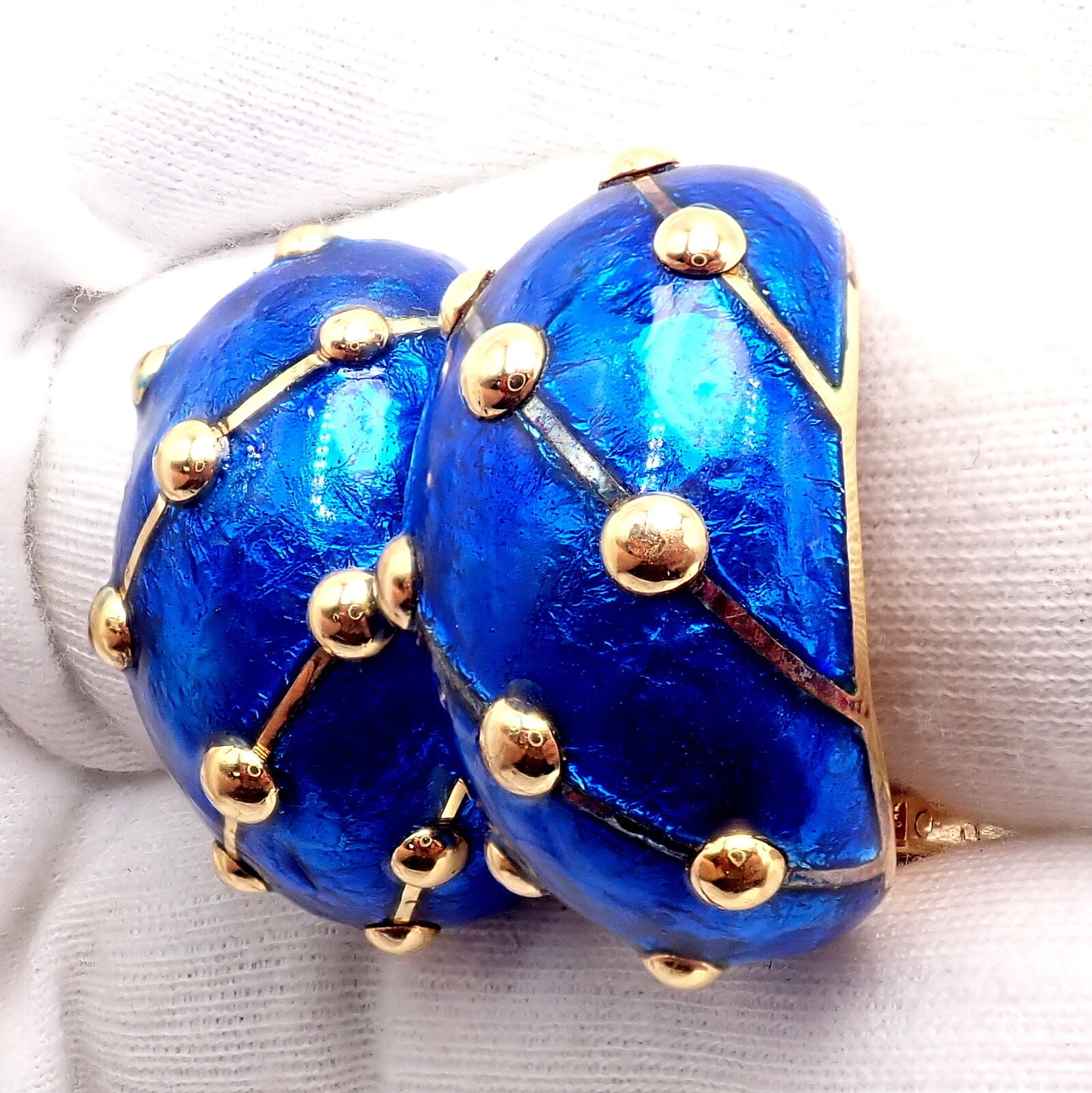 Tiffany & Co Schlumberger 18k Yellow Gold Large Blue Enamel Banana Clip Earrings - Luxury Vintage Jewelry for Women, Perfect for Parties, Weddings & Special Occasions